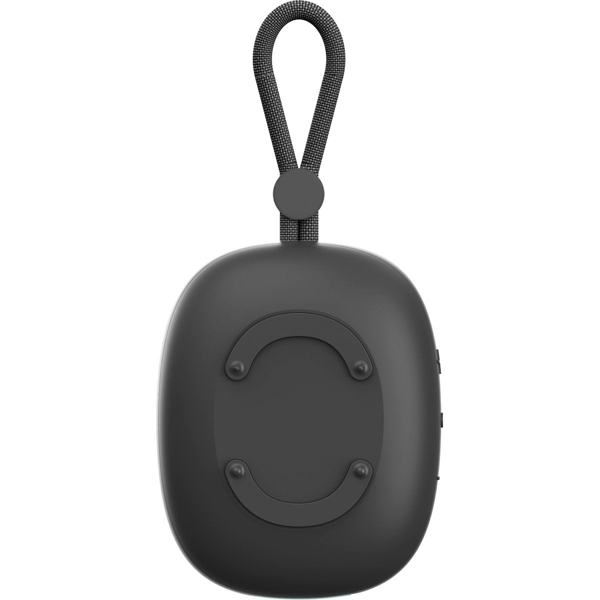 A black, rounded device with a handle. It has a curved design element and a loop at the top for hanging. The background is white.