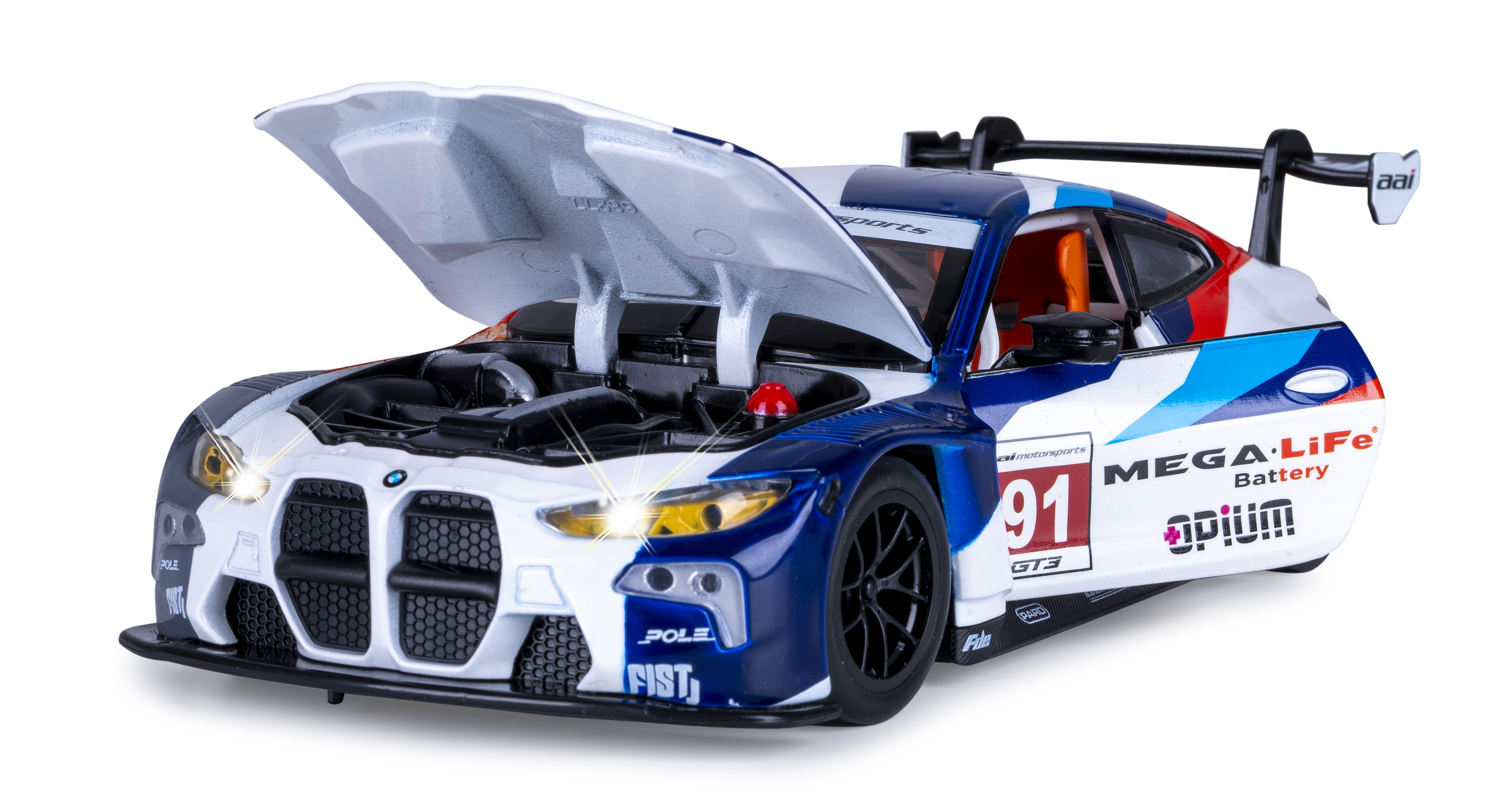 Ein Spielzeug-BMW-Rennwagen mit geöffneter Motorhaube. Er hat blaue, weiße und rote Farben mit der Nummer 91. Die Scheinwerfer sind an.