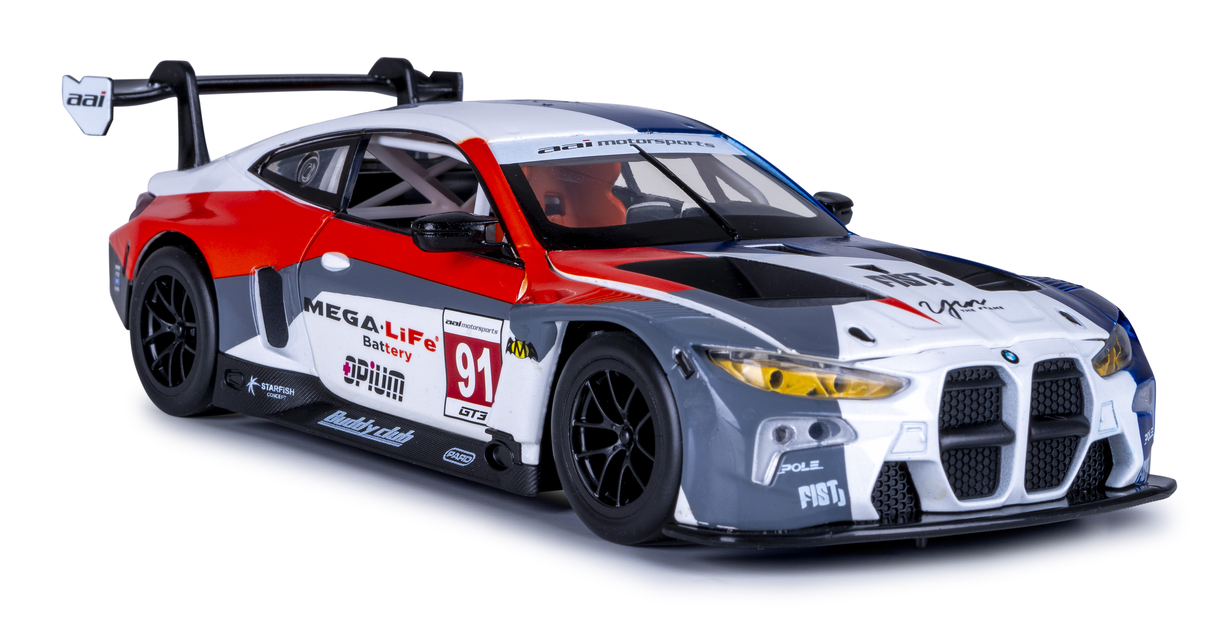Detailliertes Bild eines Rennwagens, überwiegend weiß, rot und grau, mit Sponsorenlogos. Das Auto ist ein BMW M4 GT3.