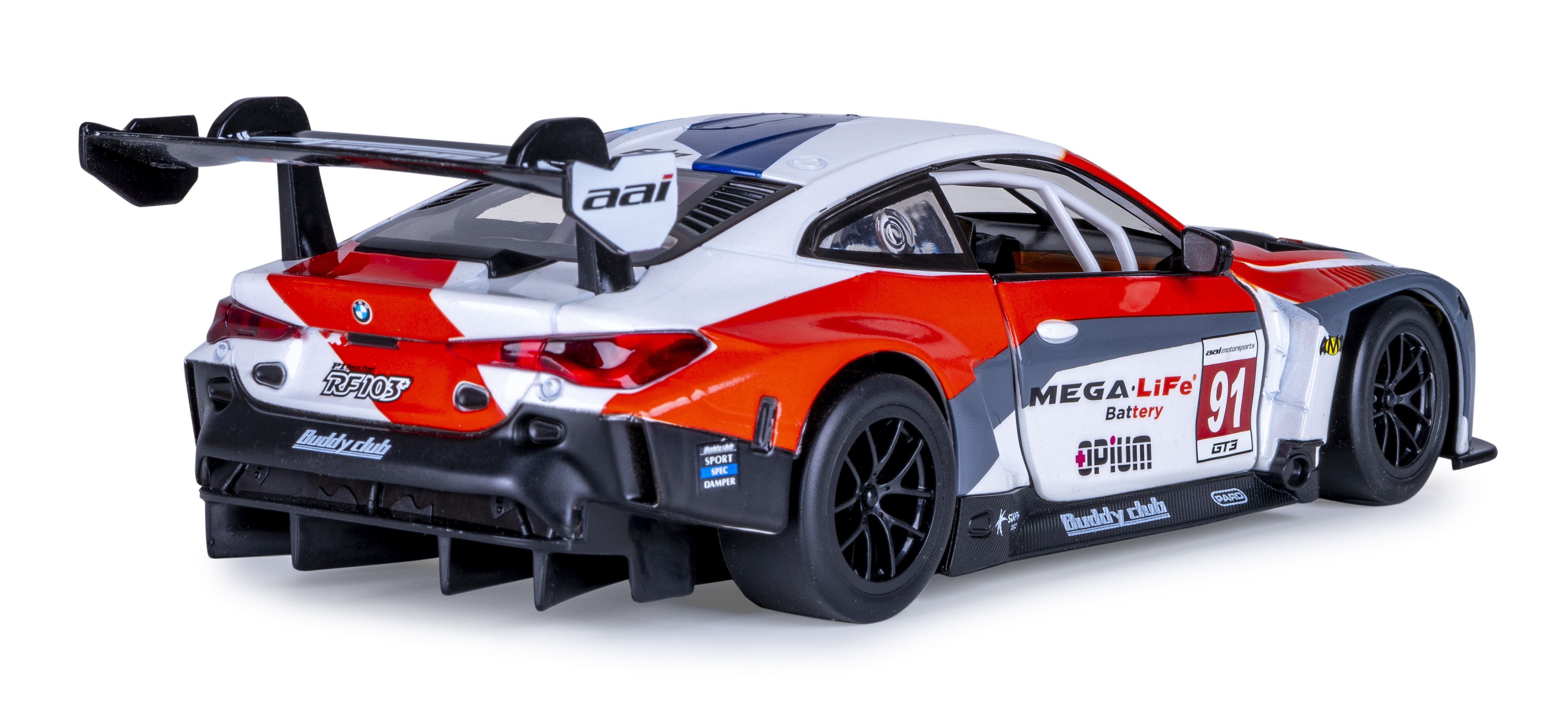 Ein weißes, rotes und blaues BMW-Rennwagenmodell. Es hat die Nummer 91, Sponsorenlogos und einen großen Heckflügel. Schwarze Räder.