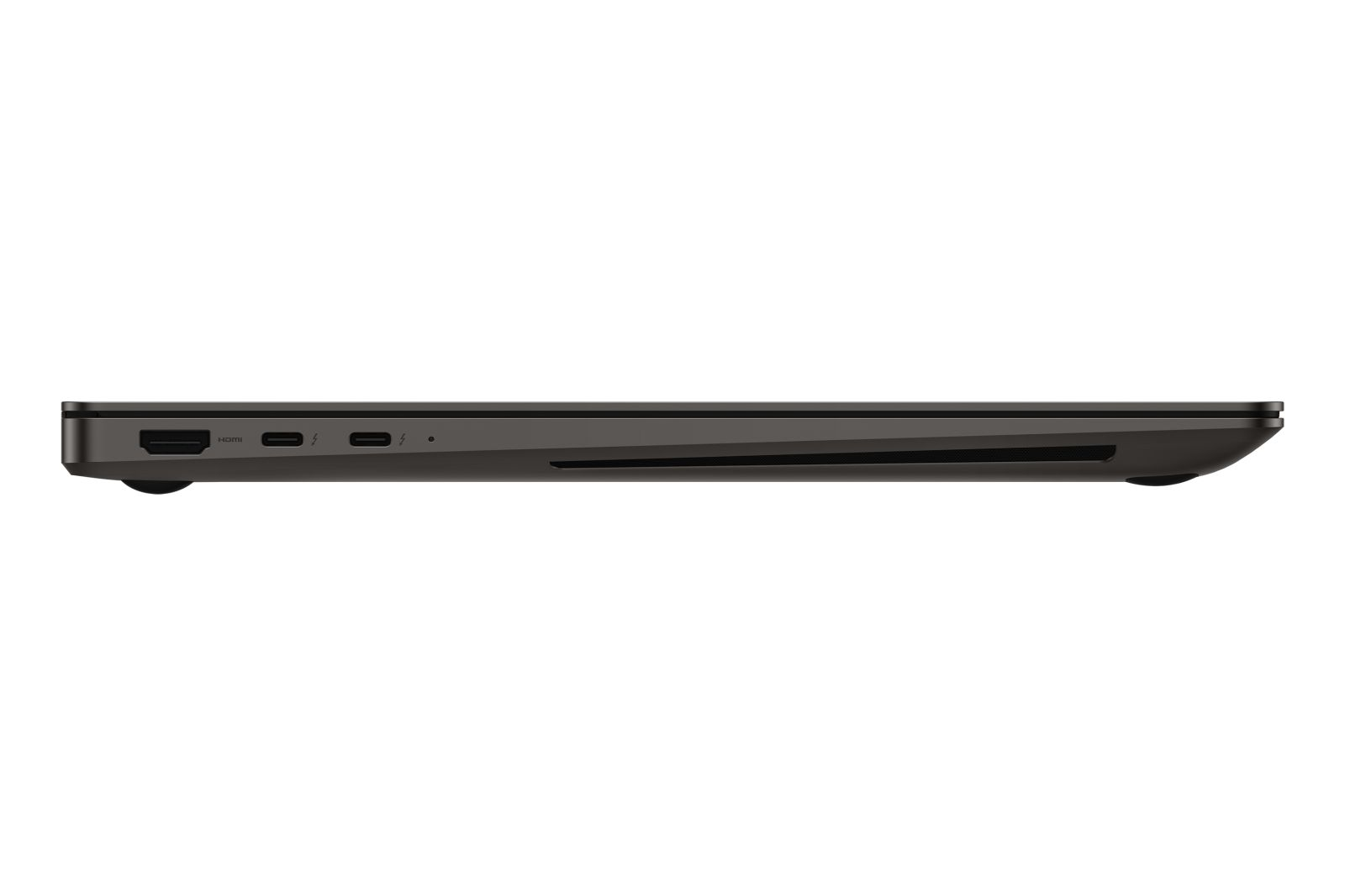 Vista laterale di un laptop grigio scuro. Le porte visibili includono HDMI, USB-C e un piccolo punto. Il laptop è su sfondo bianco.