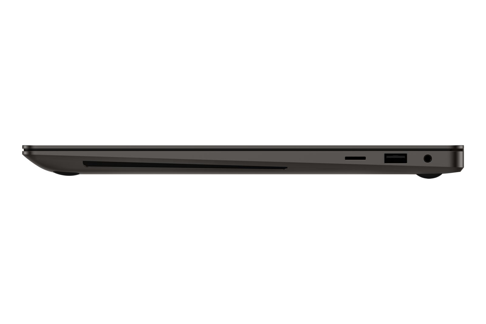 Vista laterale di un laptop grigio scuro. Sono visibili le porte, tra cui USB, e un jack per le cuffie. Il laptop è su sfondo bianco.