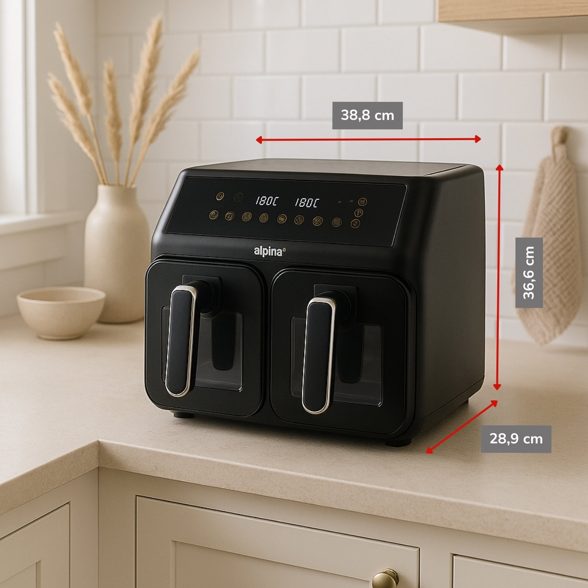 Een zwarte Alpina airfryer met twee compartimenten. Afmetingen worden getoond. Een vaas met droge planten en een kleine kom op de achtergrond.