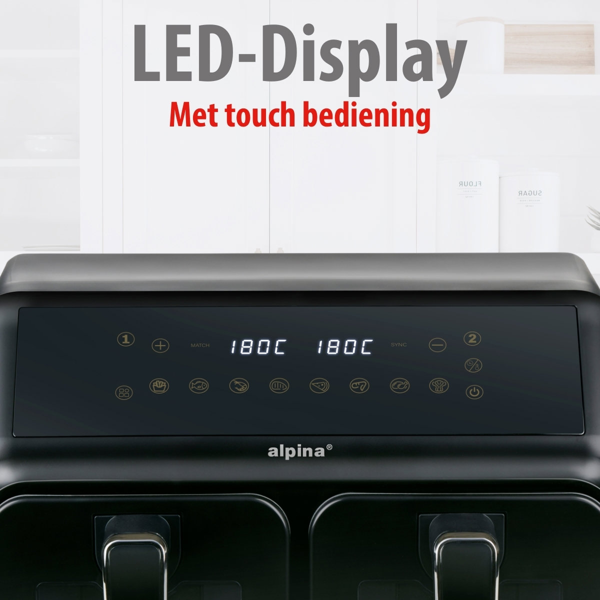 Zwarte airfryer met LED-display met 180C. Tekst luidt LED-Display, Met touch bediening en alpina.