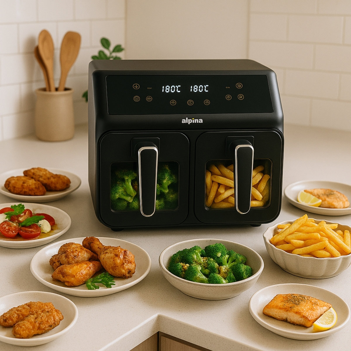 Zwarte airfryer met broccoli en friet. Borden met eten eromheen: kip, vis, tomaten. Houten lepels in een pot.