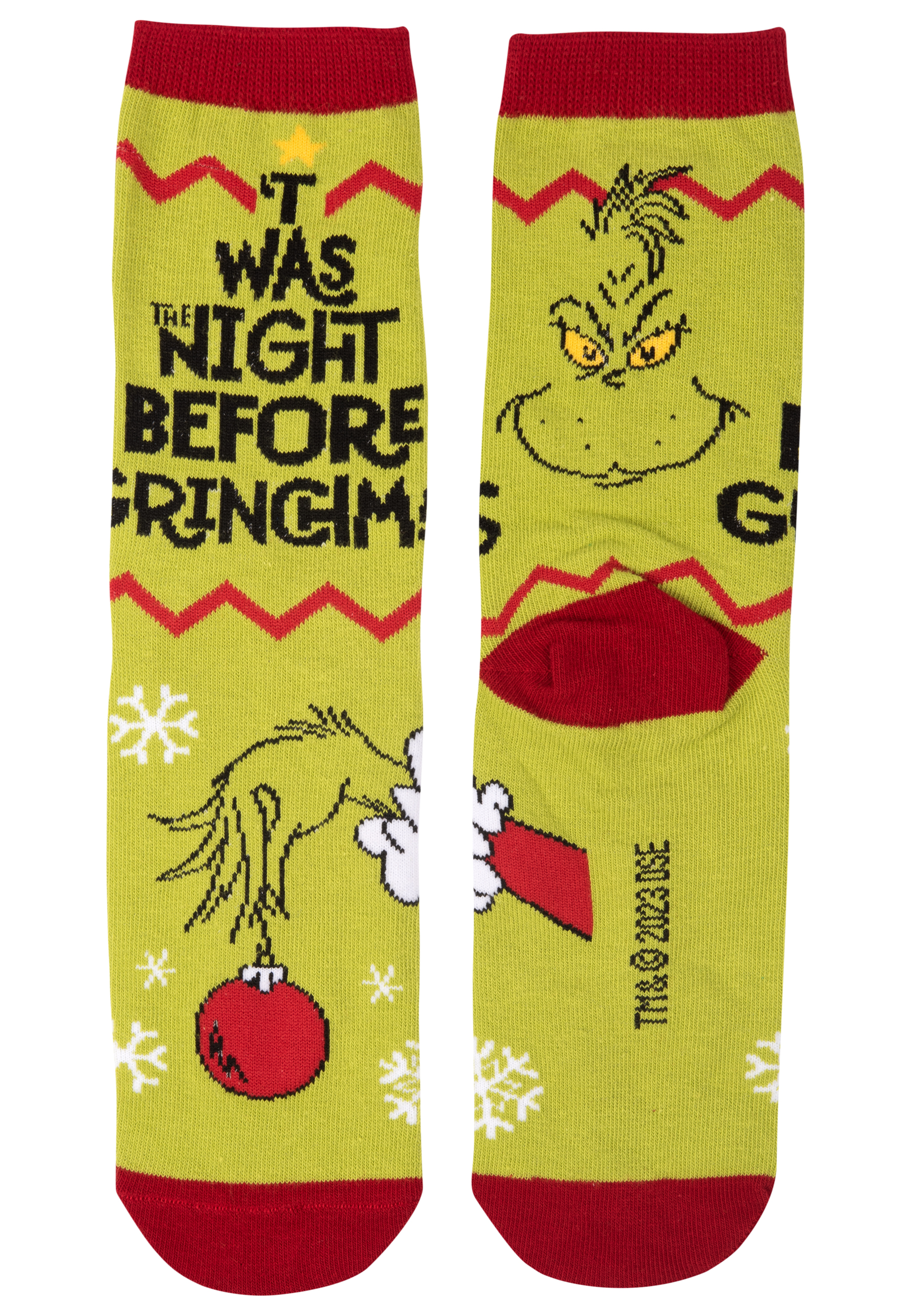 Paar Grinch-Socken mit Text: 'T WAR DIE NACHT VOR GRINCHMAS!' und Grinch-Gesicht.