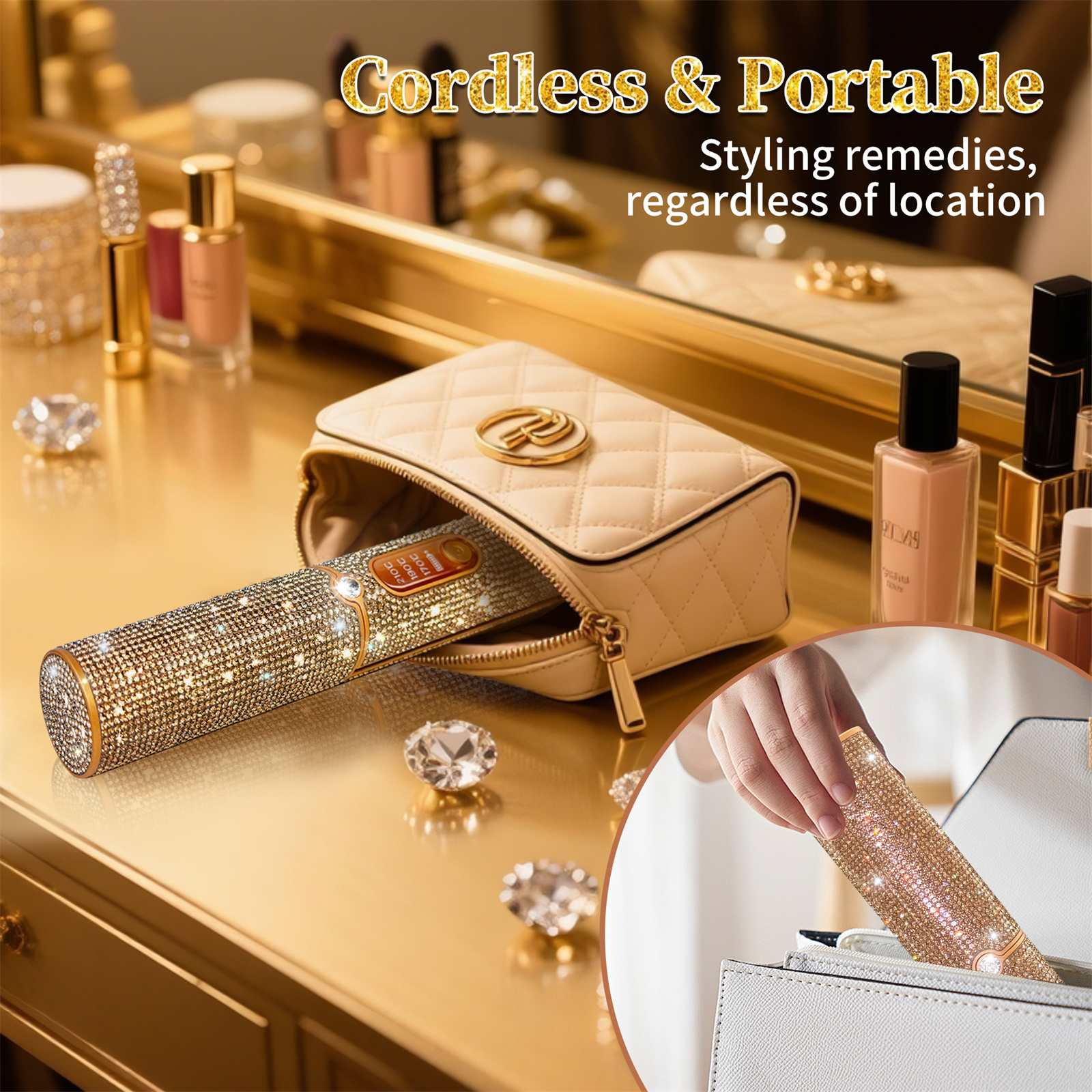 Ein goldbesetztes Schönheitswerkzeug liegt in einer beigefarbenen Tasche, mit Make-up-Produkten und Kristallen auf einem Tisch. Text: Kabellos & Tragbar.