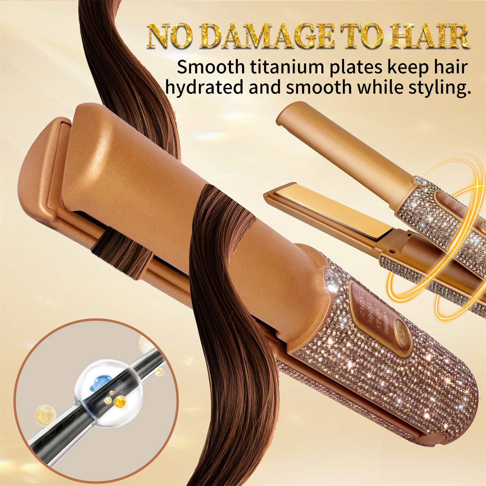 Ein goldener, mit Strass besetzter Haarglätter mit Haarsträhnen. Der Text lautet 'Keine Haarschäden' und 'glatte Titanplatten'.
