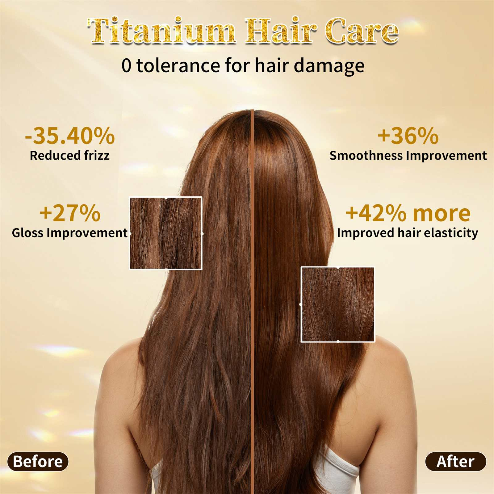 Das Bild zeigt Haare vor und nach der Behandlung. Behauptet weniger Frizz, verbesserte Geschmeidigkeit, Glanz und Elastizität.