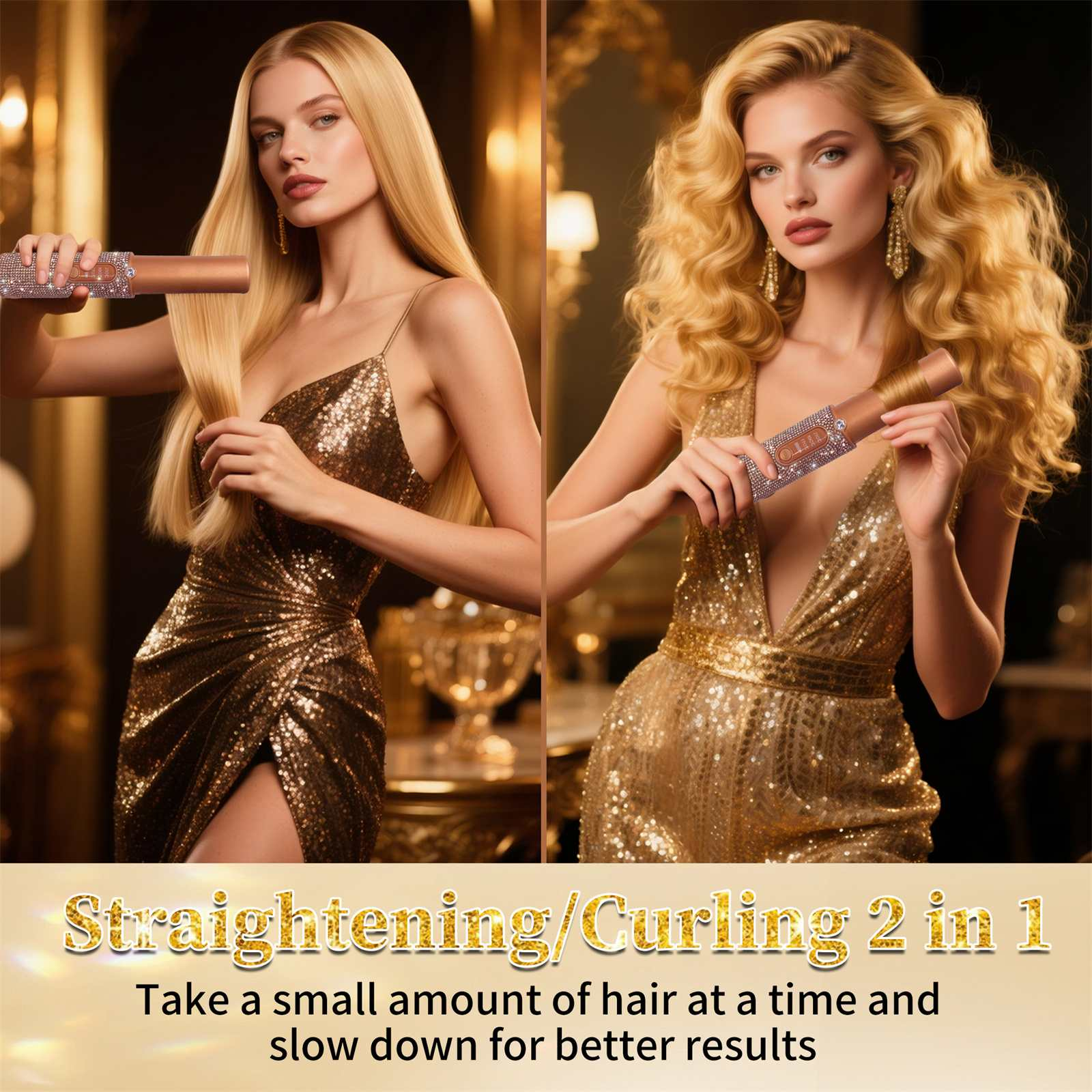 Zwei Frauen mit blonden Haaren demonstrieren einen Haarglätter. Eine hat glattes Haar, die andere lockiges Haar. Beide tragen goldene Kleider.