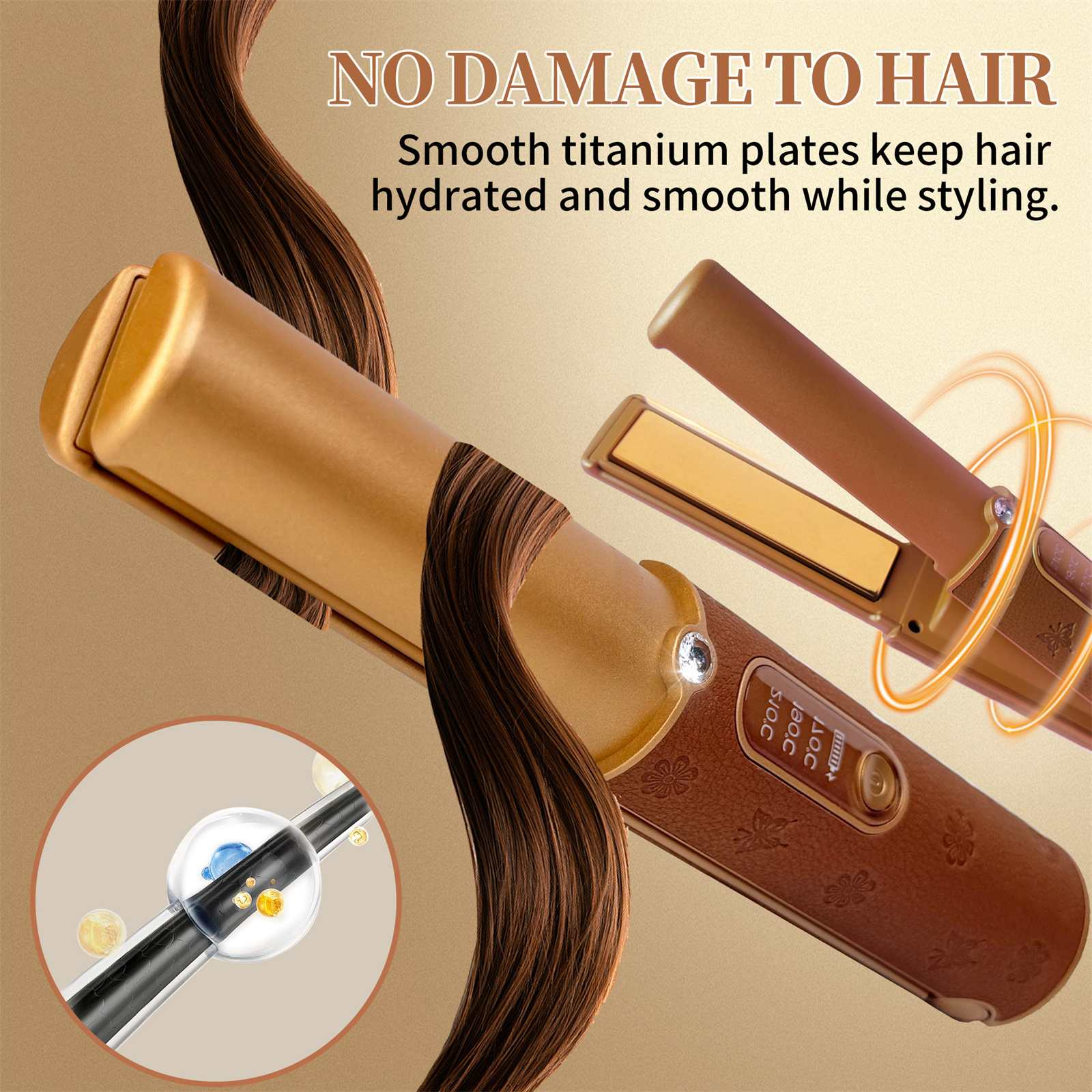 Haarglätter mit braunem Haar. Text: Kein Haarschaden, glatte Titanplatten halten das Haar beim Styling hydriert und glatt.