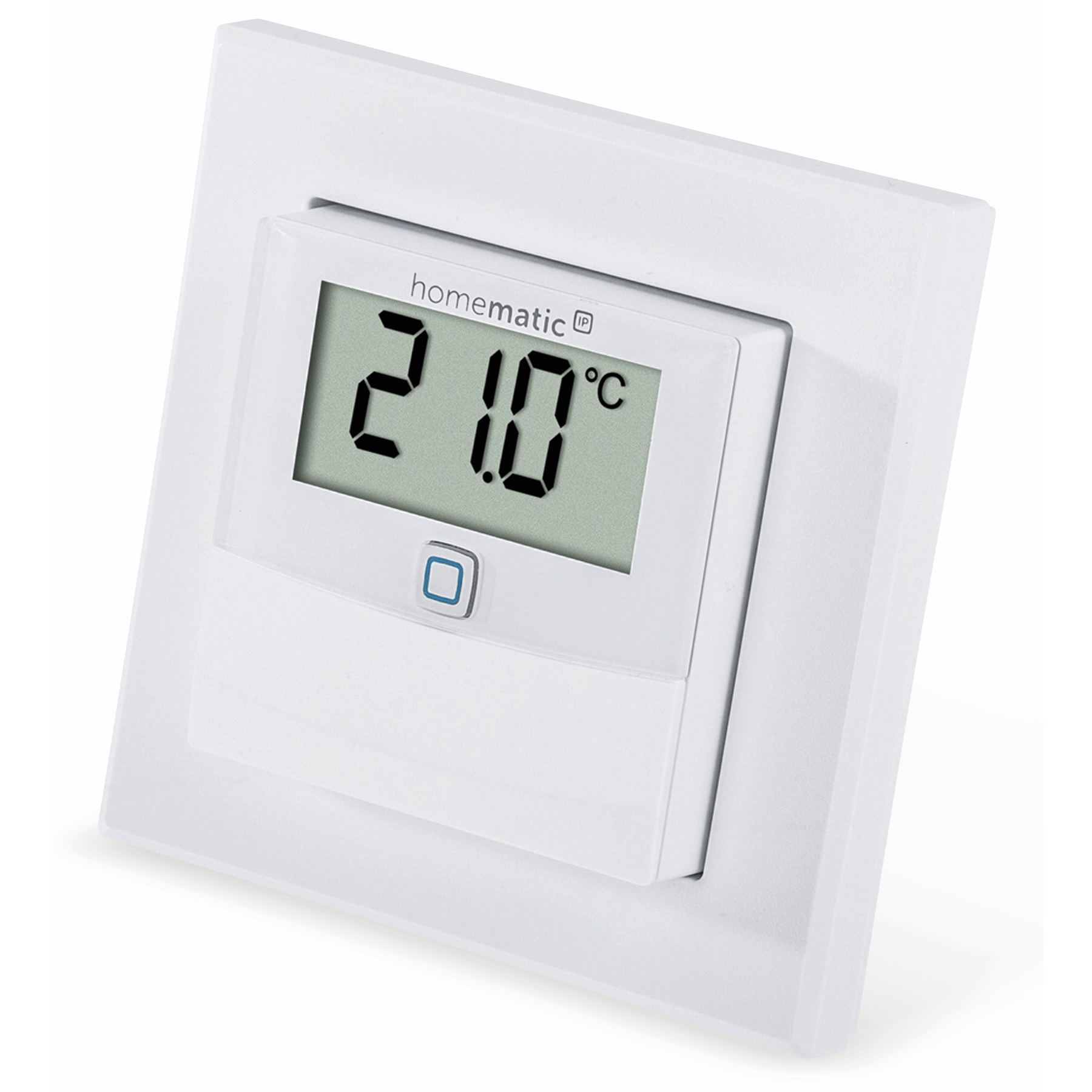 Ein weißes Homematic IP-Thermostat zeigt 21,0 Grad Celsius an. Es ist auf einer weißen quadratischen Platte montiert.