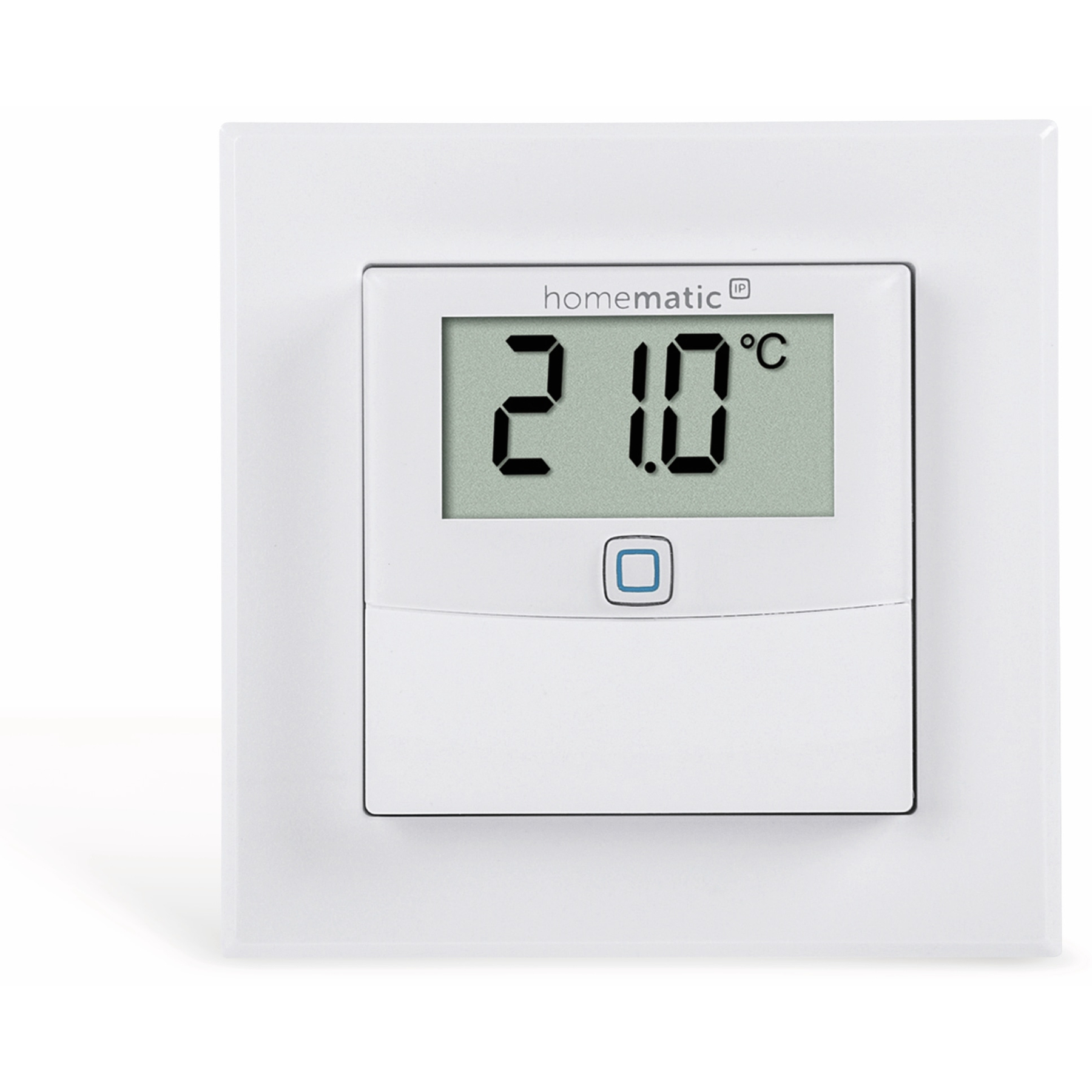 Ein weißer Wandthermostat zeigt 21,0°C an. Er hat eine blaue Taste und den Markennamen Homematic IP.