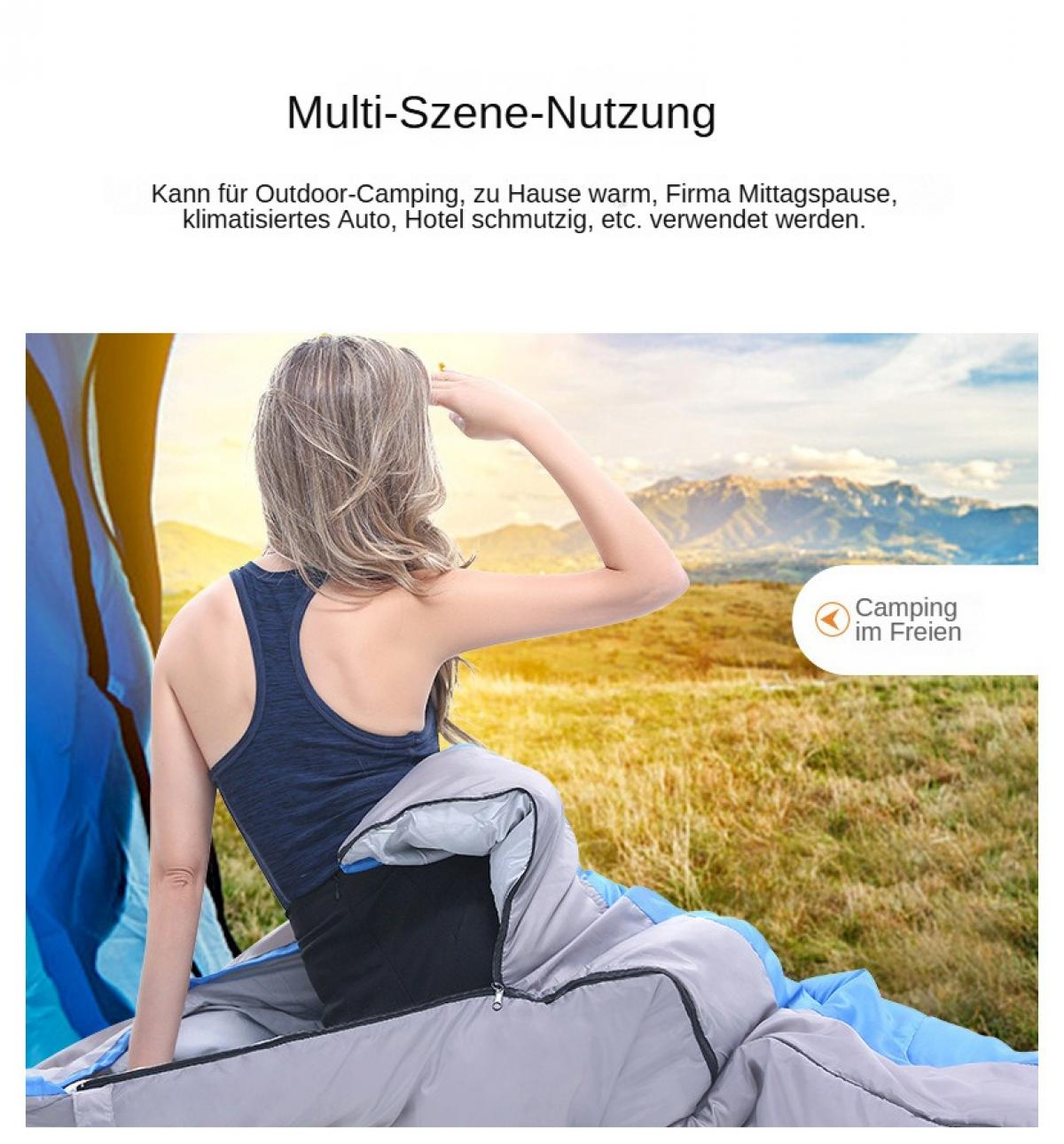 Eine Frau in einem Schlafsack blickt auf eine Berglandschaft. Die Szene spielt sich im Freien ab, möglicherweise beim Camping.
