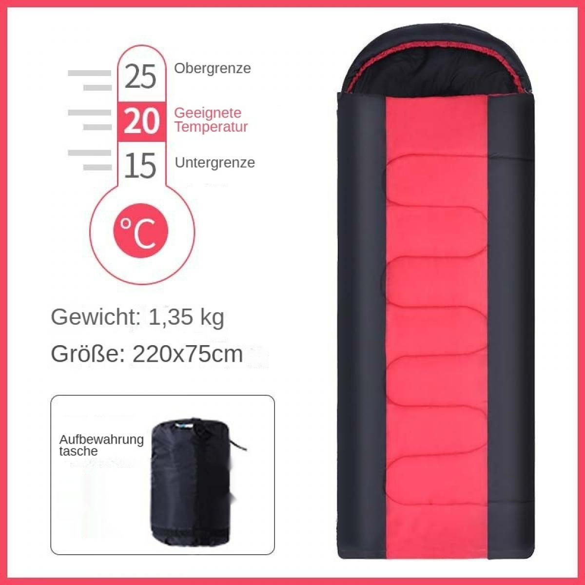 Schlafsack mit Temperaturangaben. Rotes und schwarzes Design. Inklusive Aufbewahrungstasche. Text zeigt Gewicht und Größe.