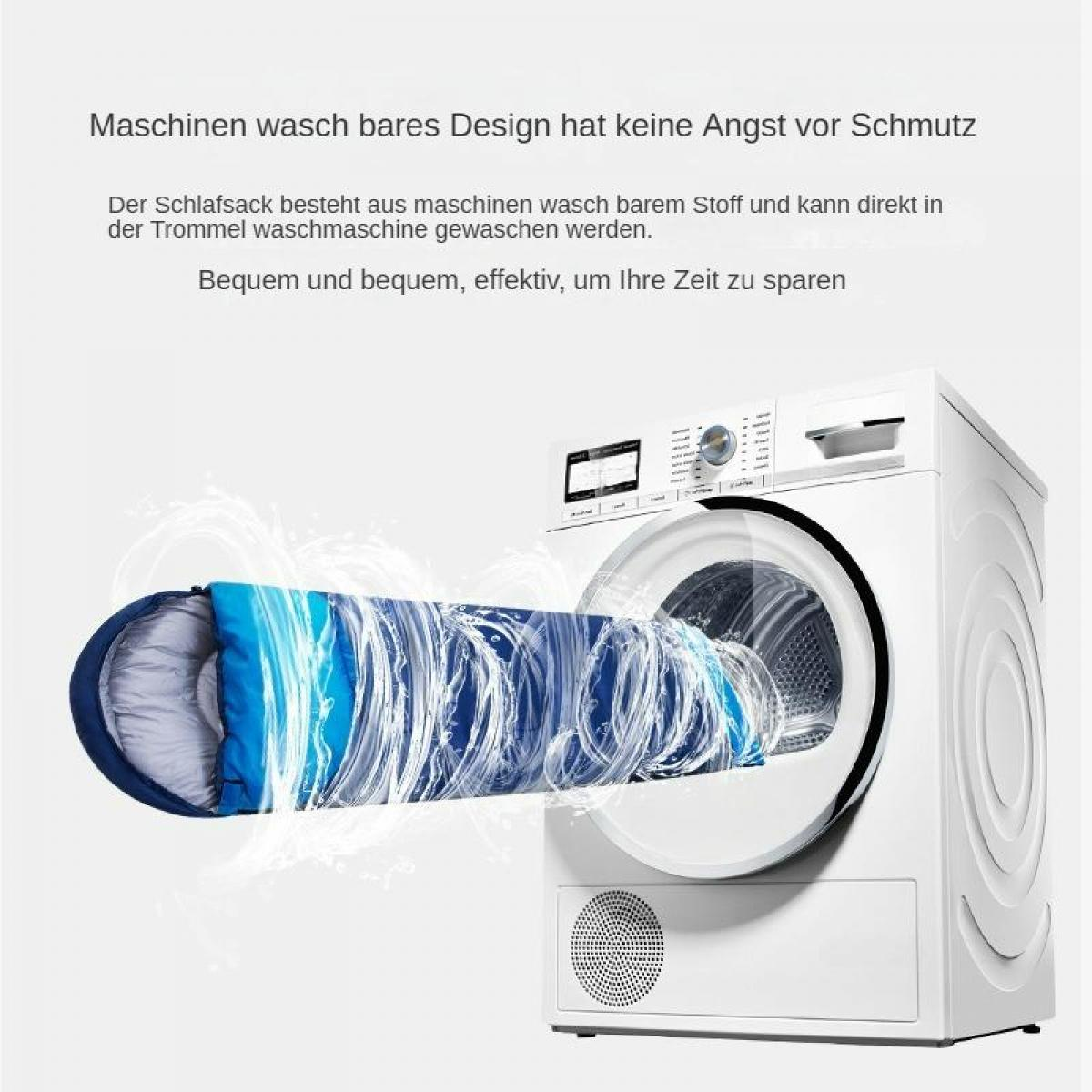 Eine Waschmaschine mit einem blauen Schlafsack darin. Der Schlafsack scheint aus maschinenwaschbarem Material zu sein.