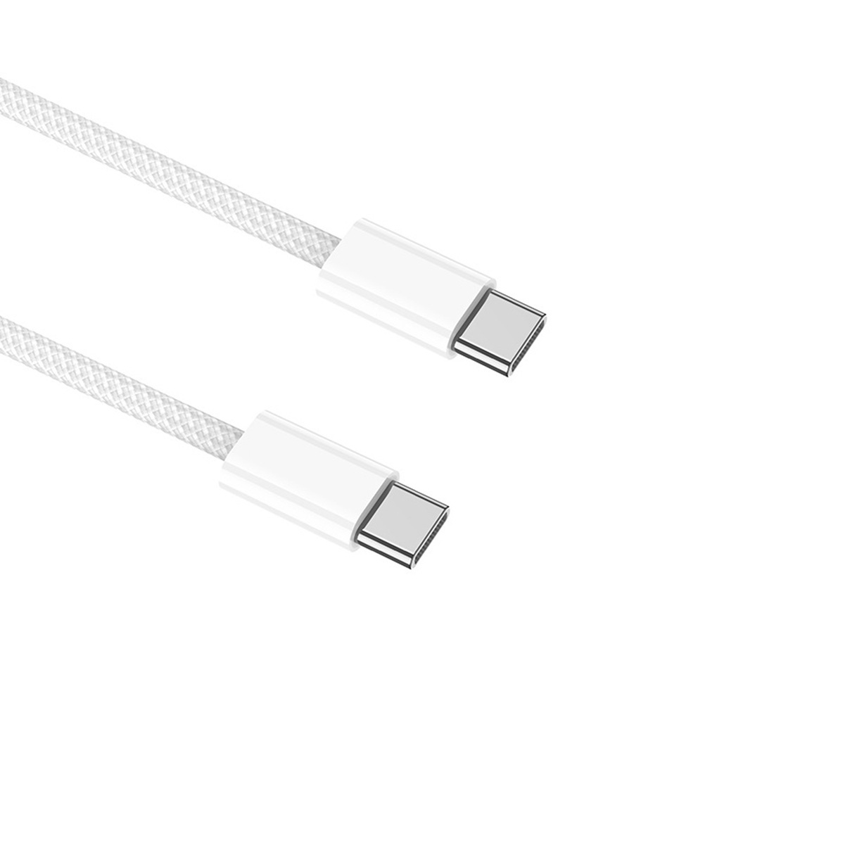 Zwei weiße USB-C-Kabel auf weißem Hintergrund. Die Kabel sind abgewinkelt und zeigen die Stecker und geflochtenen Kabel.