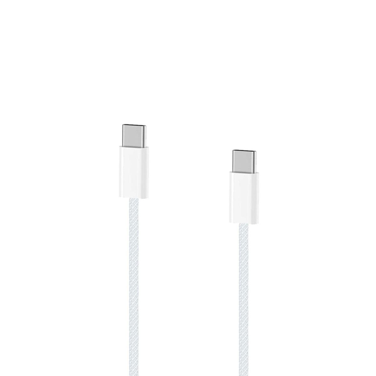 Zwei weiße USB-C-Kabel mit geflochtenen grauen Kabeln und weißen Steckern auf weißem Hintergrund.