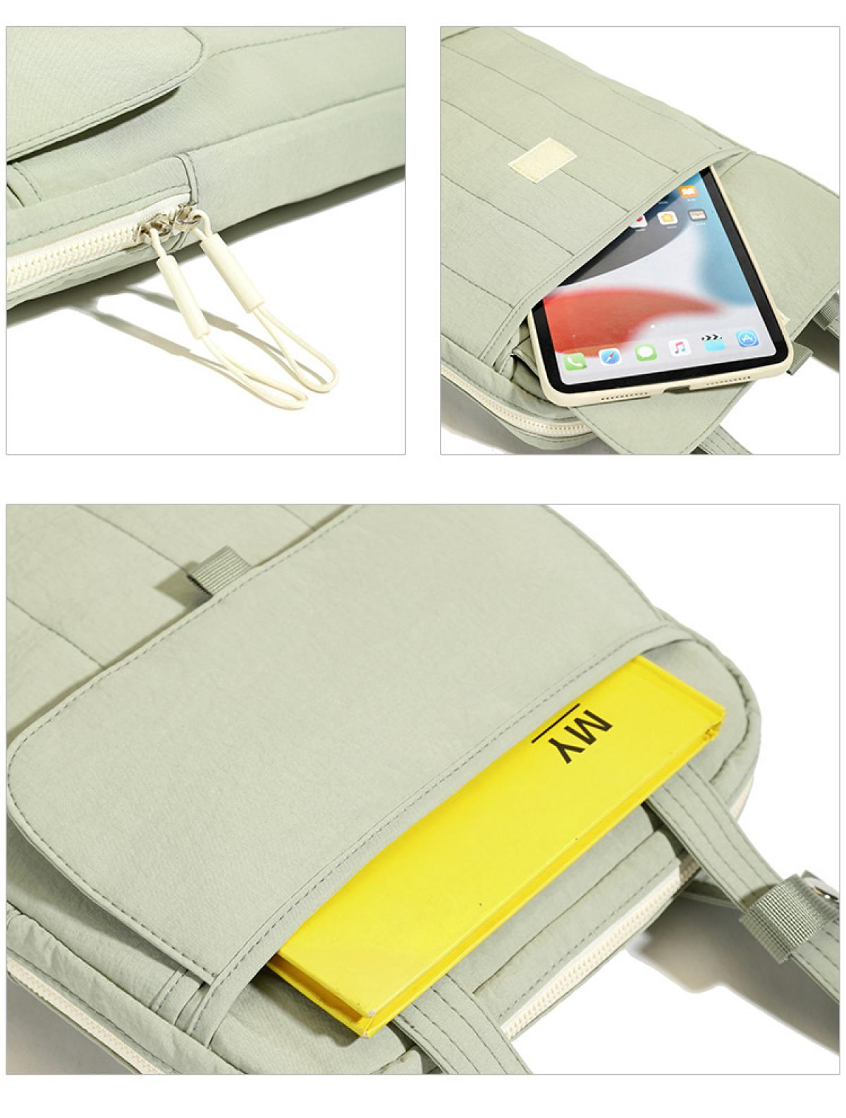 Eine hellgrüne Tasche mit Reißverschluss, die ein Tablet und ein gelbes Buch mit 'MY' enthält. Die Tasche hat weiße Griffe.