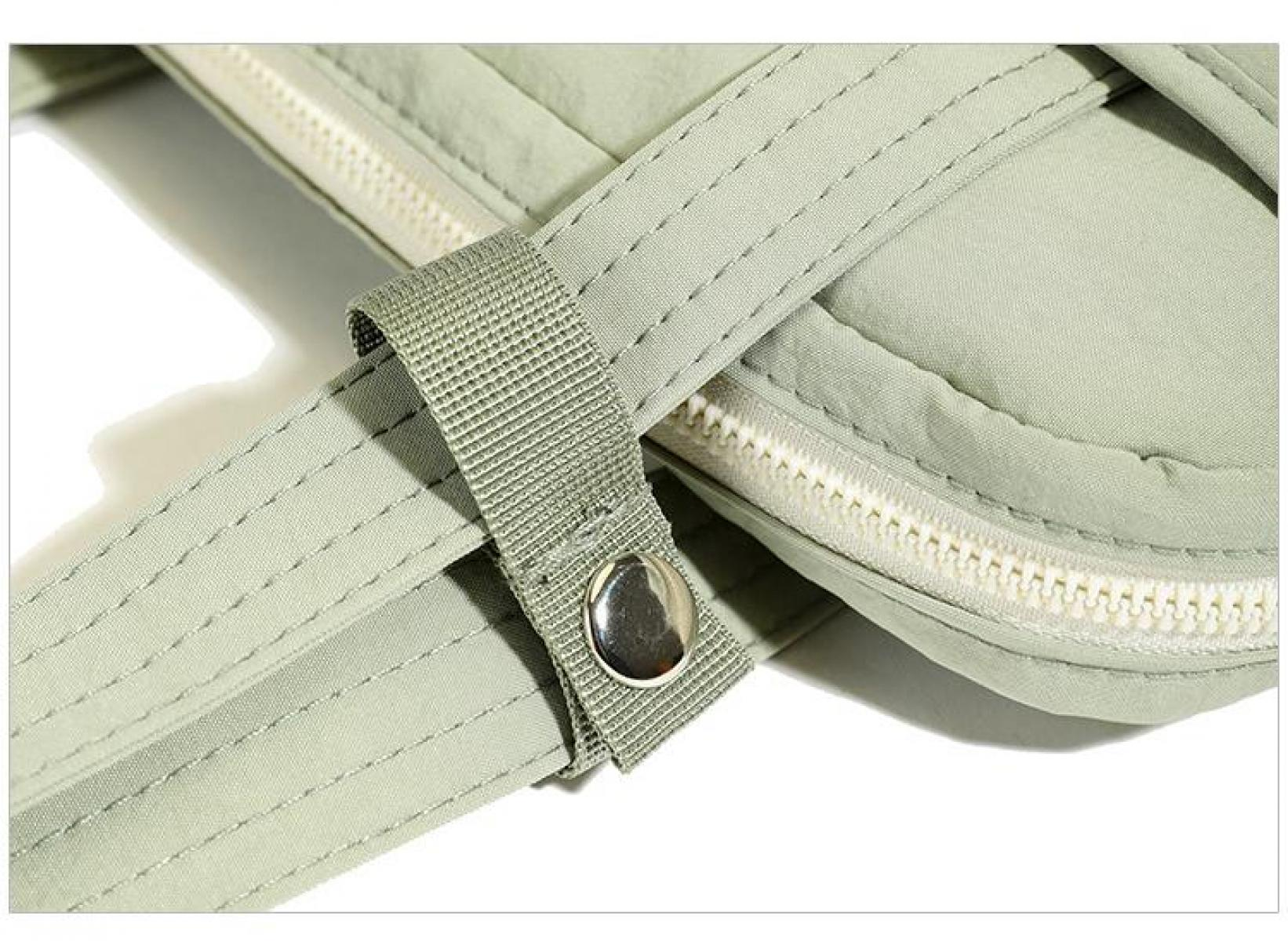 Nahaufnahme einer hellgrünen Tasche mit weißem Reißverschluss und einem Riemen mit silbernem Knopf. Die Tasche ist mit weißem Faden genäht.