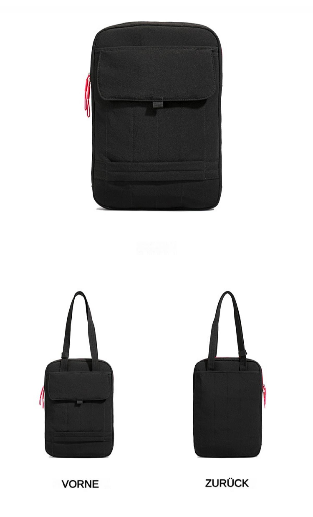 Das Bild zeigt eine schwarze Tasche mit roten Reißverschlussdetails, die in drei verschiedenen Ansichten dargestellt wird. Die Tasche hat eine Vordertasche und Griffe.