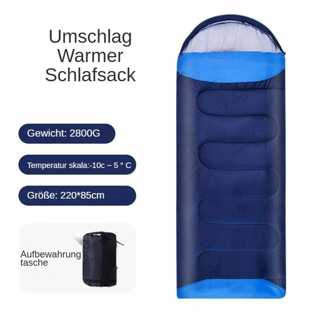 Ein blauer und marinefarbener Schlafsack mit weißem Futter. Text: Umschlag Warmer Schlafsack, Gewicht: 2800G, Temperatur skala:-10c ~ 5°C, Größe: 220*85cm.