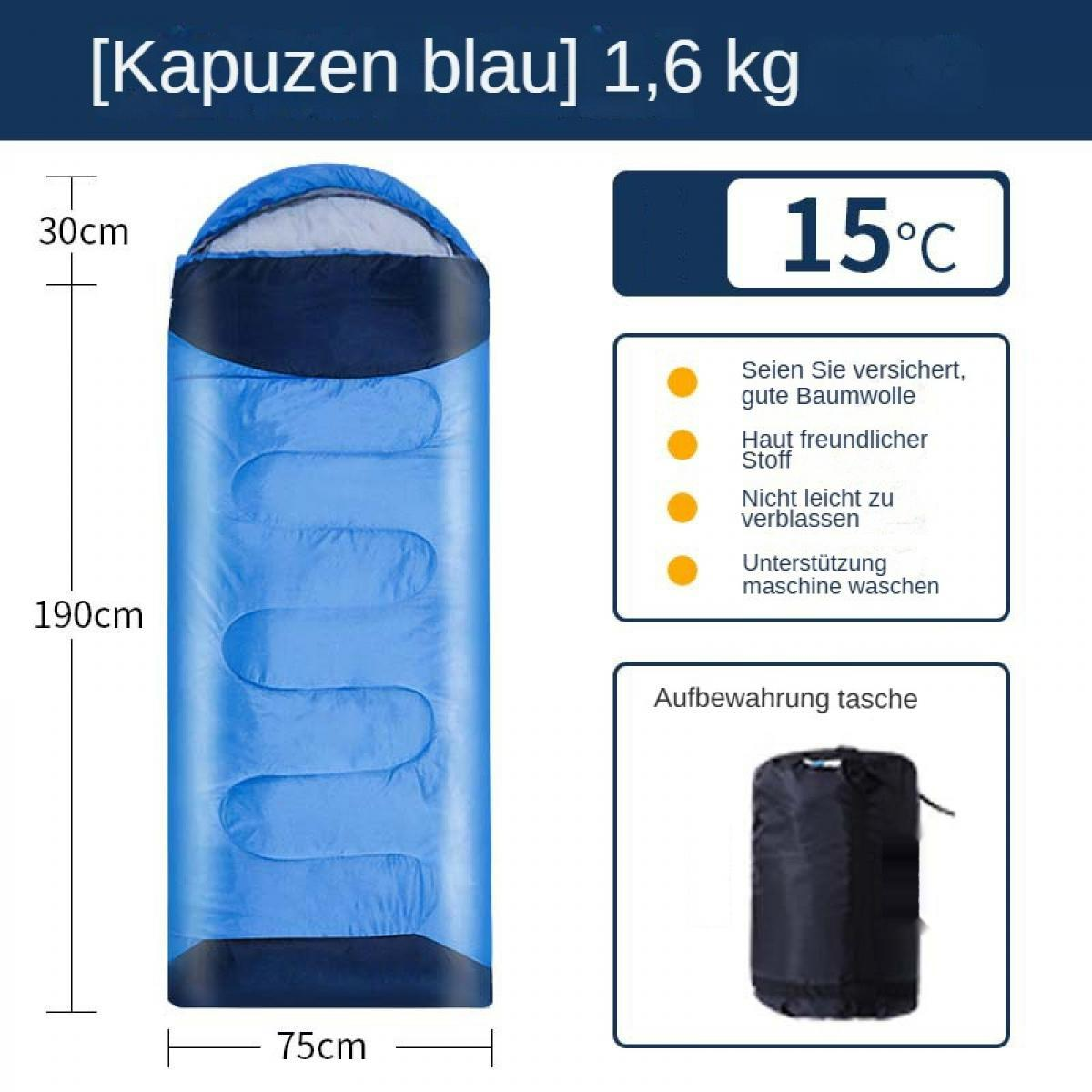 Ein blauer Schlafsack mit Abmessungen. Text zeigt Eigenschaften und eine Aufbewahrungstasche. Temperatur ist 15°C.