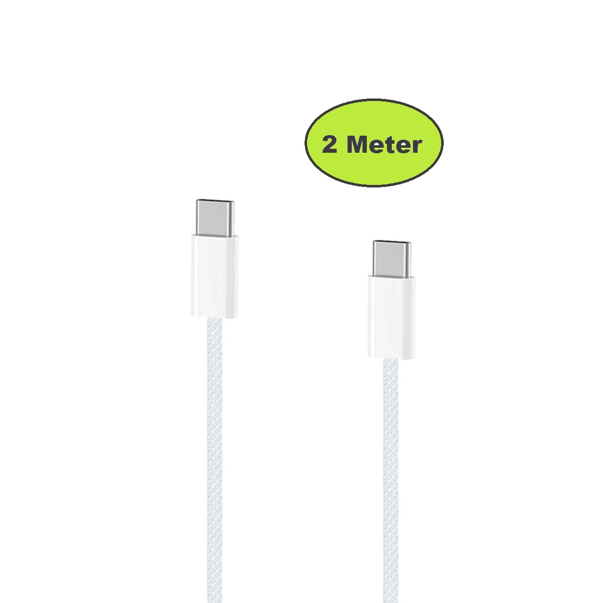 Zwei weiße USB-C-Kabel mit der Aufschrift '2 Meter' darüber. Die Kabel befinden sich auf weißem Hintergrund.