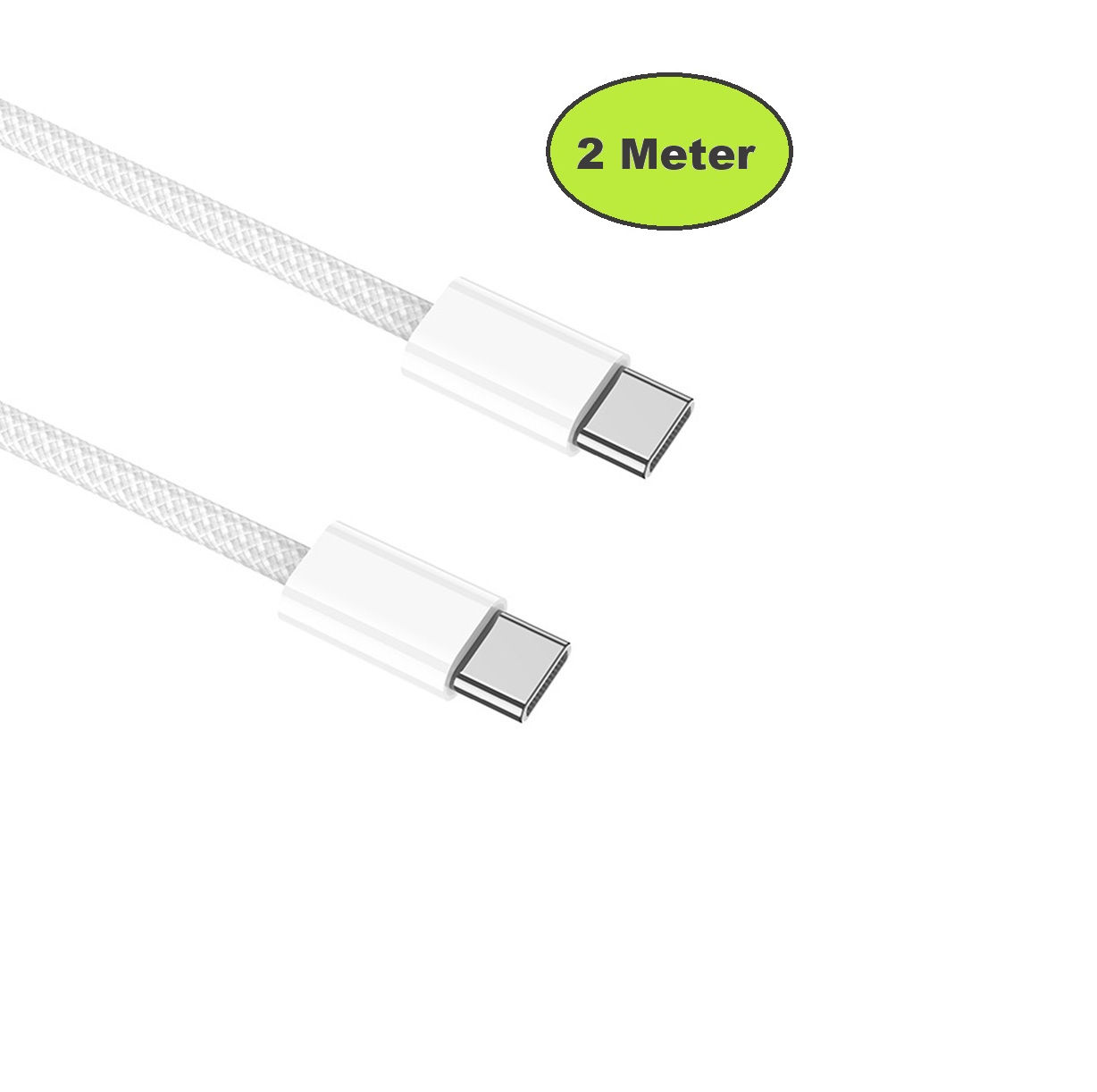 Weißes USB-C-Ladekabel mit geflochtenem Kabel. Ein grünes Oval sagt '2 Meter'.