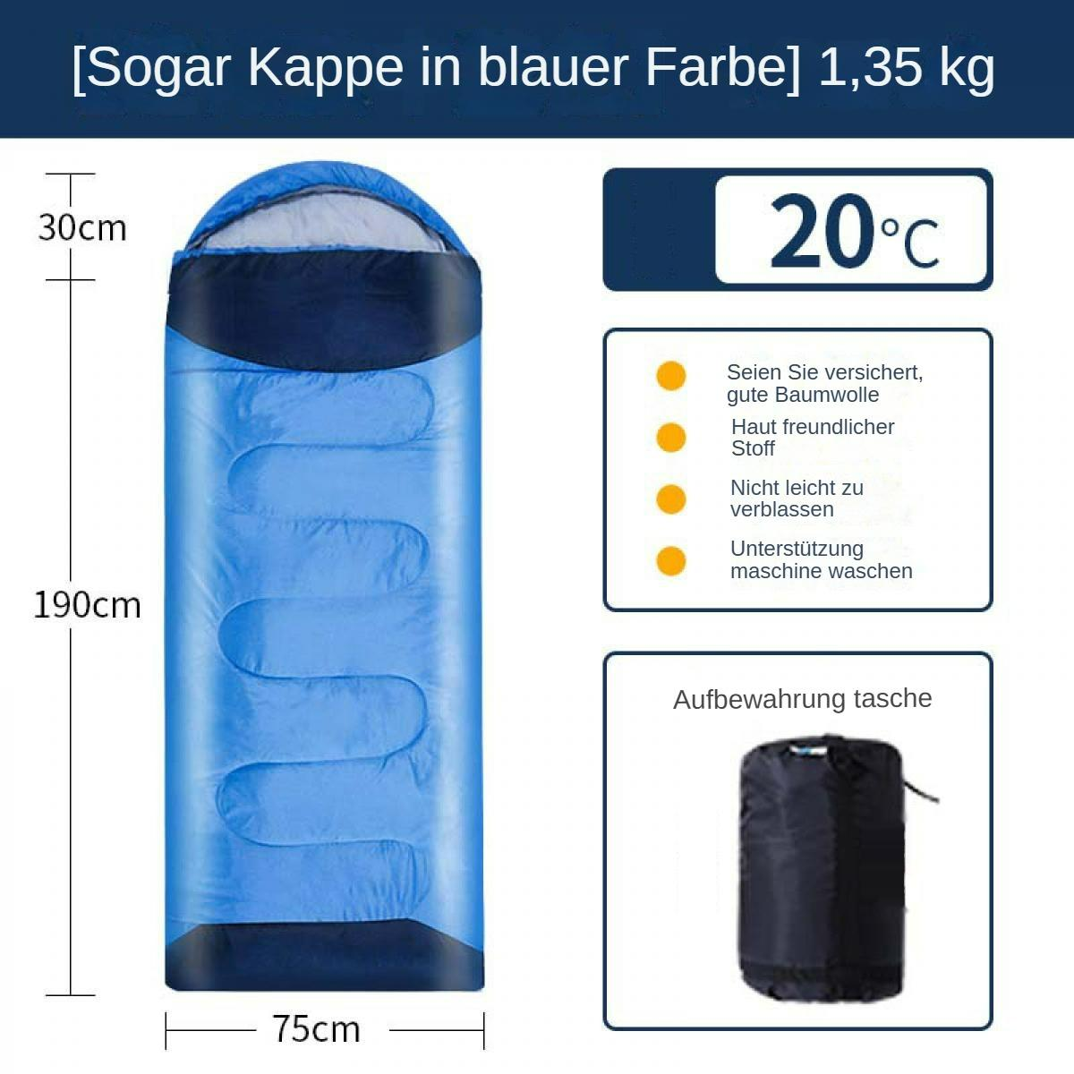 Blauer Schlafsack mit Maßen. Textdetails umfassen Temperatur, Baumwolle und Waschanleitung. Eine Aufbewahrungstasche wird ebenfalls gezeigt.