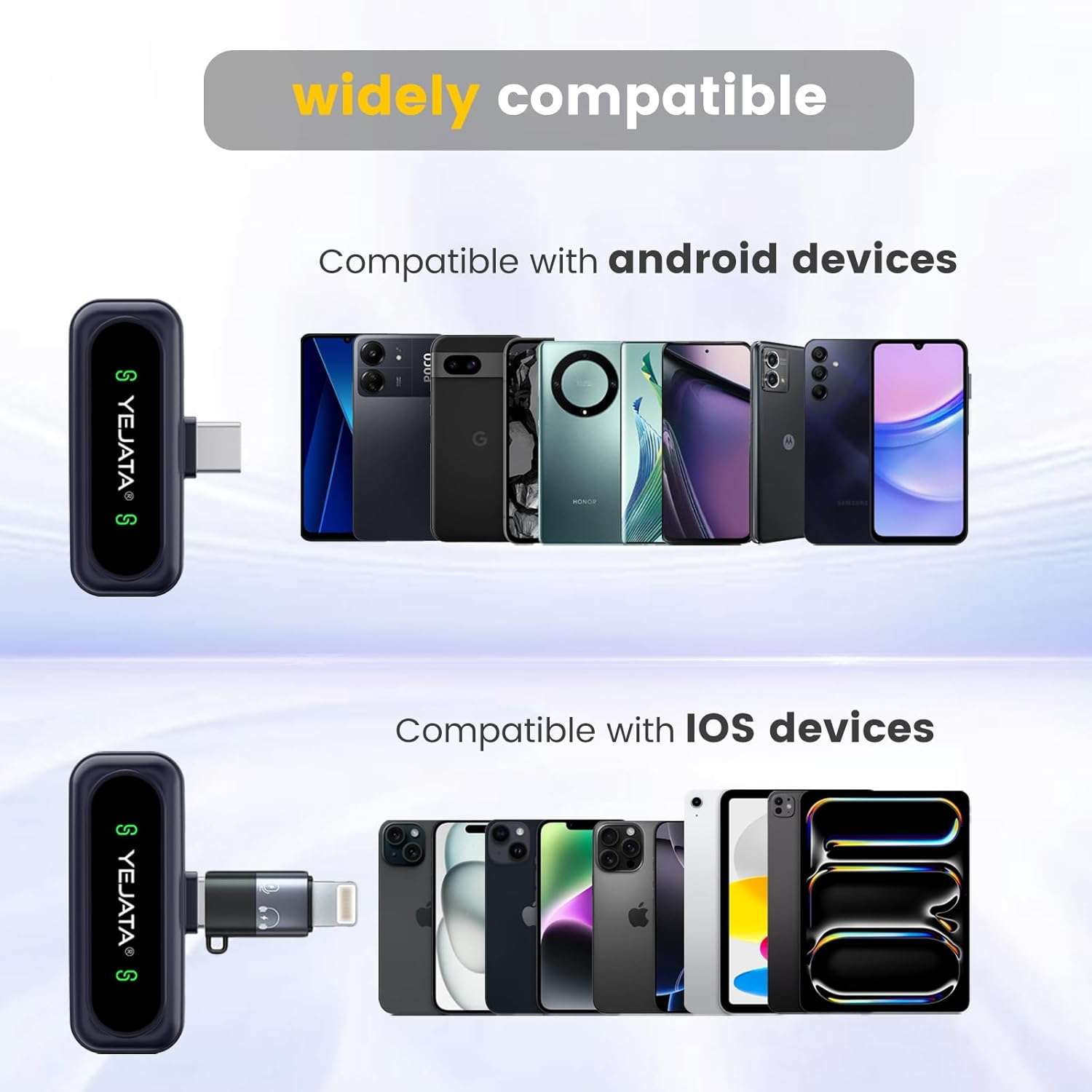 Das Bild zeigt ein Gerät mit Android- und iOS-Telefonen und hebt die breite Kompatibilität hervor. Text sagt 'weitgehend kompatibel'.