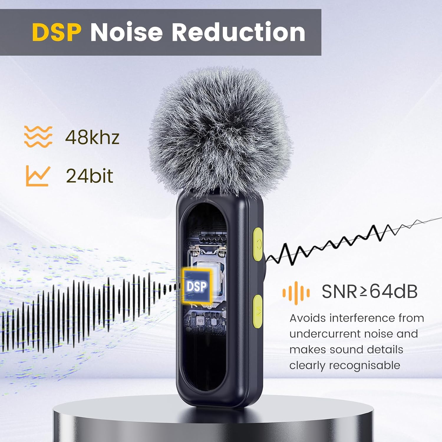 Ein Mikrofon mit DSP-Rauschunterdrückung. Merkmale sind 48 kHz, 24 Bit und SNR≥64 dB. Das Gerät steht auf einer grauen Plattform.