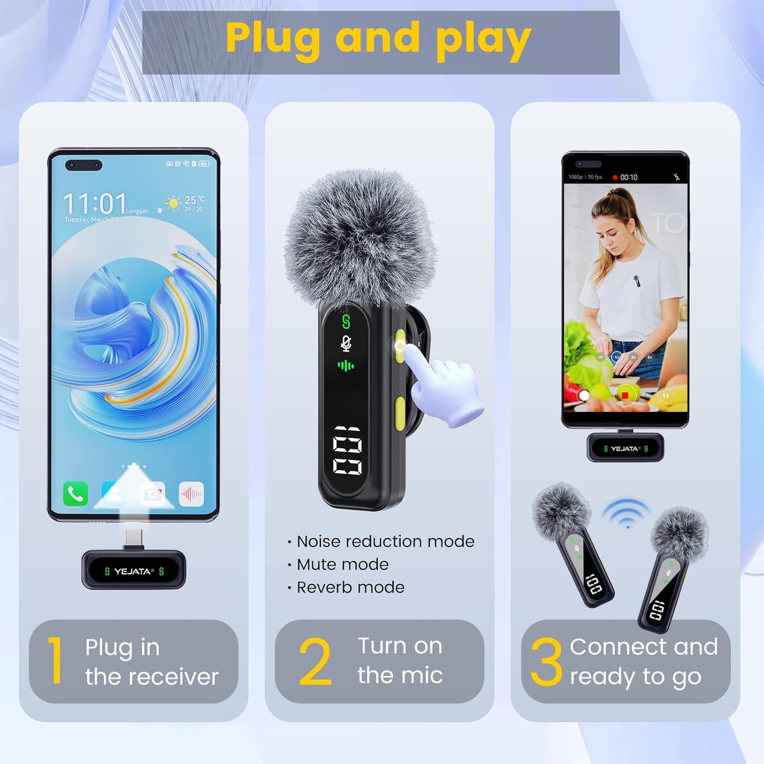 Das Bild zeigt ein Telefon, ein Mikrofon und eine filmende Frau. Schritte: Empfänger anschließen, Mikrofon einschalten, verbinden. Text: Plug and Play.