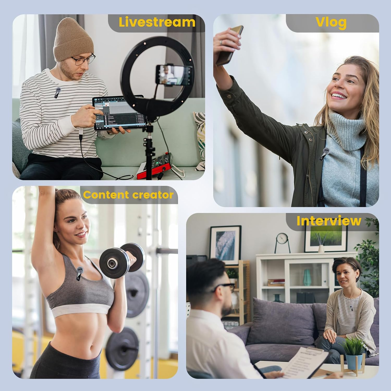 Das Bild zeigt Personen in verschiedenen Umgebungen: Live-Streaming mit einem Tablet, Vlogging mit einem Telefon, Training mit Hanteln und ein Interview.