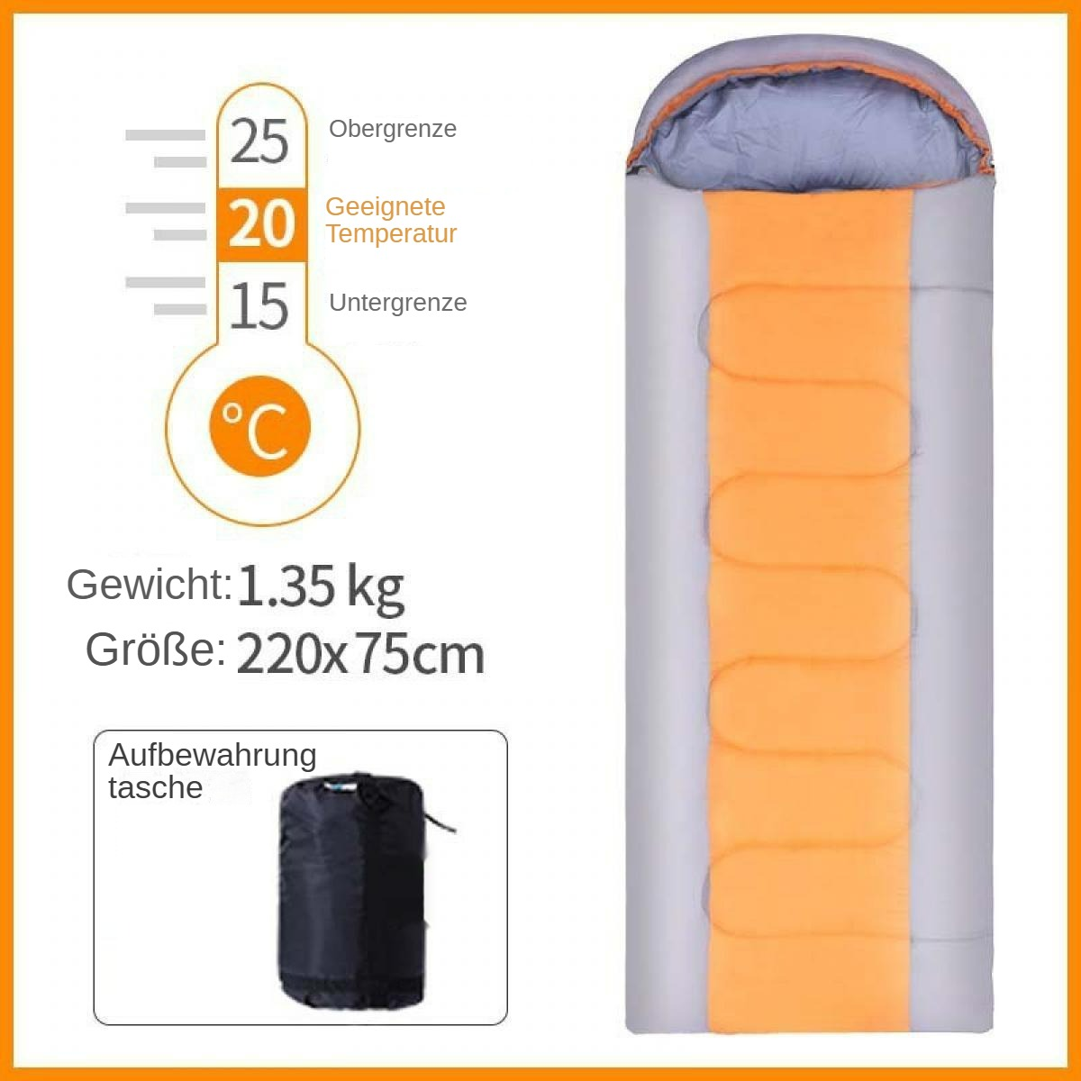 Schlafsack mit orangefarbenem Innenraum, Temperaturanzeige und Aufbewahrungstasche. Zeigt Gewicht und Abmessungen. Weißer Hintergrund.