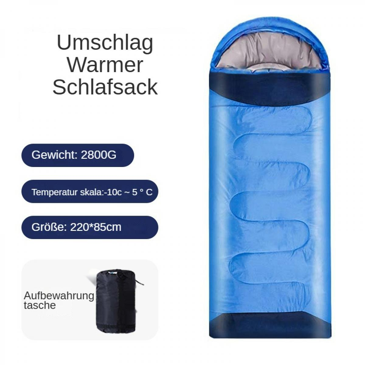 Blauer Schlafsack mit Textetiketten, die Gewicht, Größe und Temperaturbereich angeben. Eine schwarze Aufbewahrungstasche wird ebenfalls gezeigt.