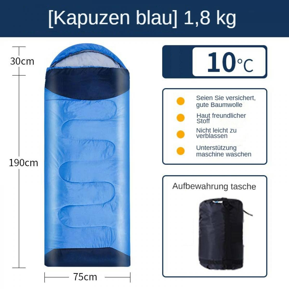 Blauer Schlafsack mit Maßen und Eigenschaften wie Baumwolle, hautfreundlichem Stoff und Maschinenwäsche sowie eine Aufbewahrungstasche.