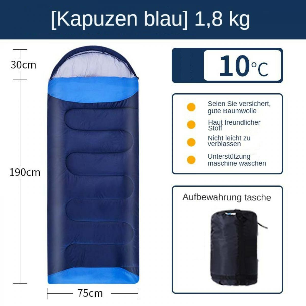 Ein blauer Schlafsack mit beschrifteten Abmessungen. Text enthält 'Kapuzen blau', '1,8 kg' und eine Temperatur von 10°C.