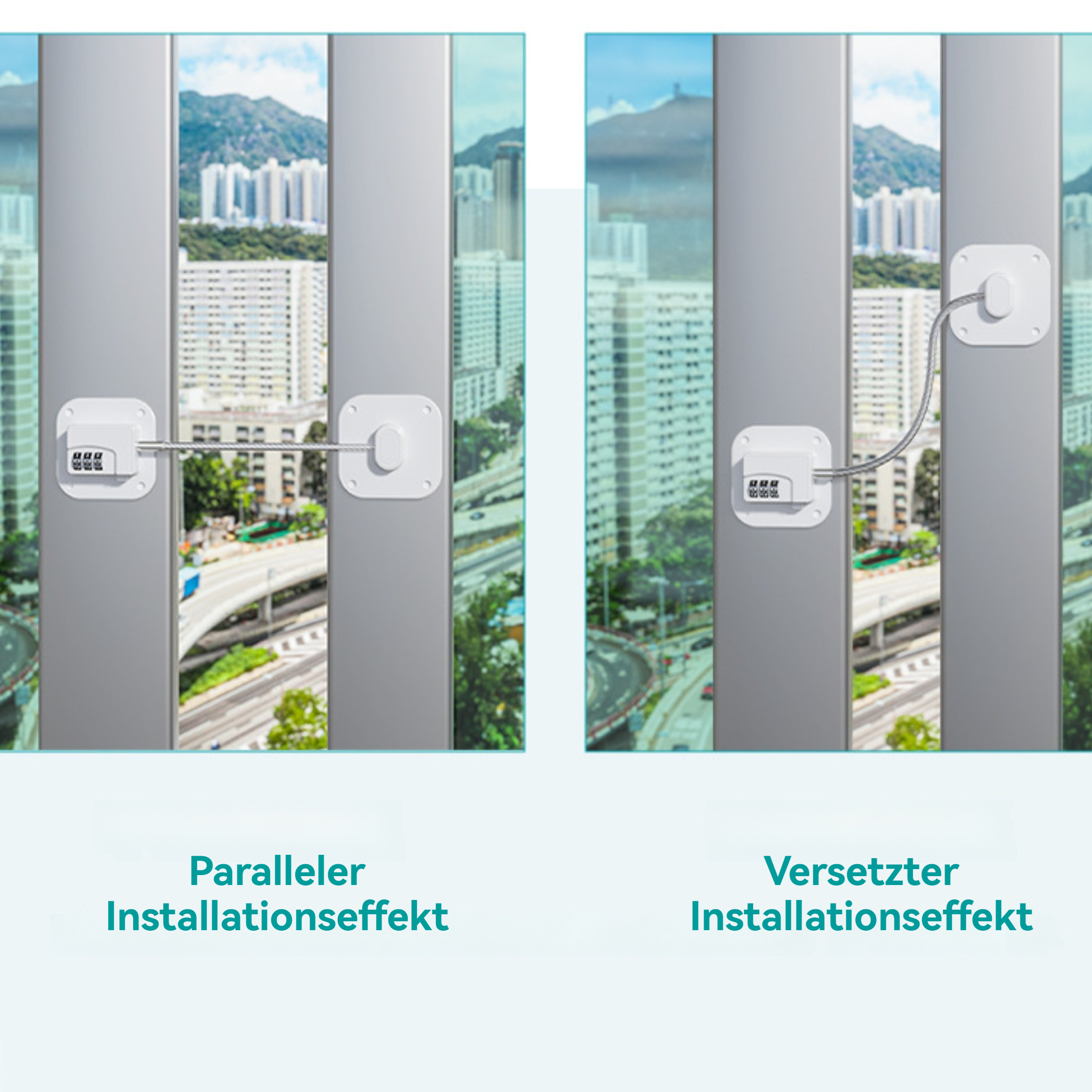Zwei Glastüren mit weißen Schlössern und Stadtblick. Eine hat ein gerades Kabel, die andere ein gebogenes Kabel.