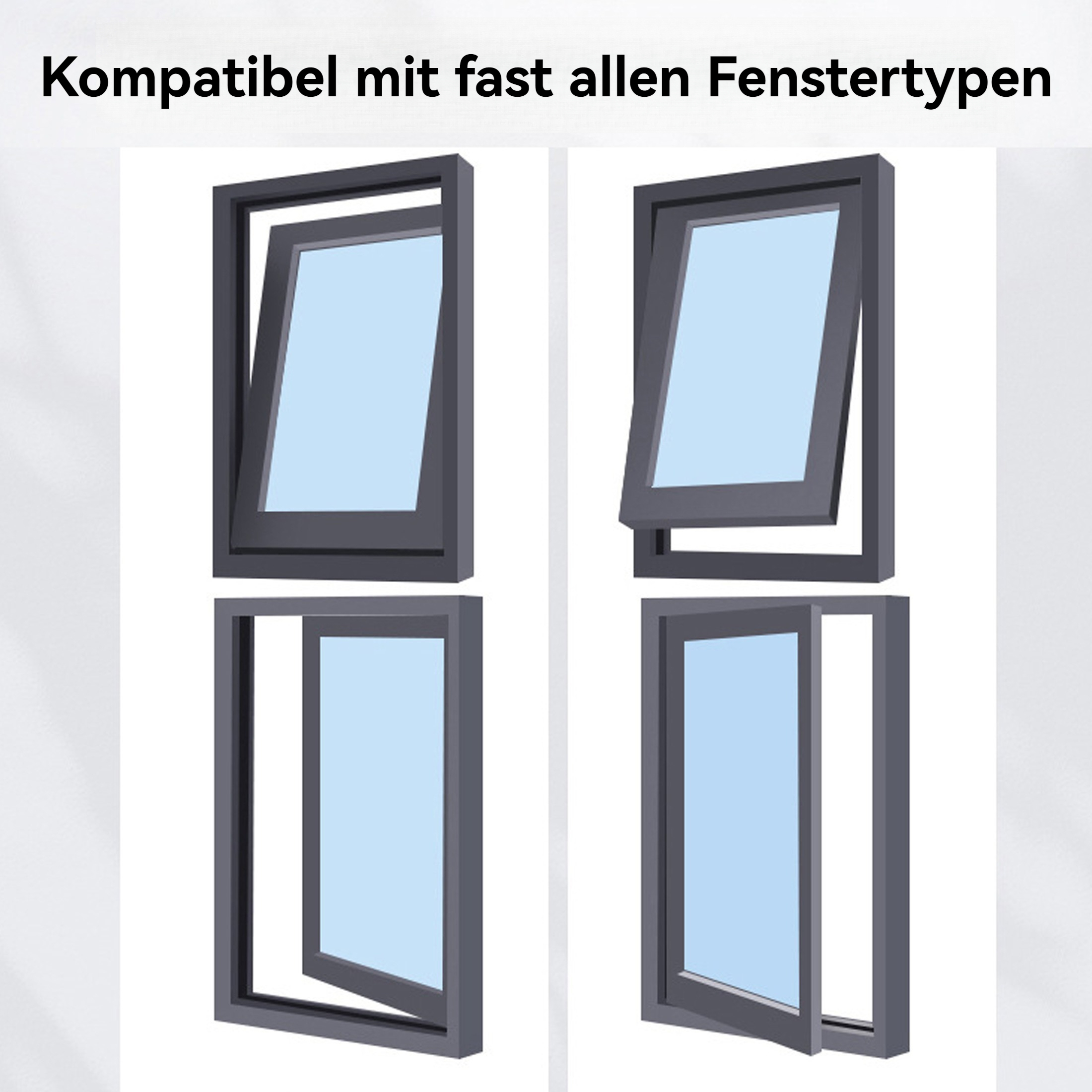 Vier graue Fensterillustrationen: geschlossen, offen, gekippt. Text oben: 'Kompatibel mit fast allen Fenstertypen'.