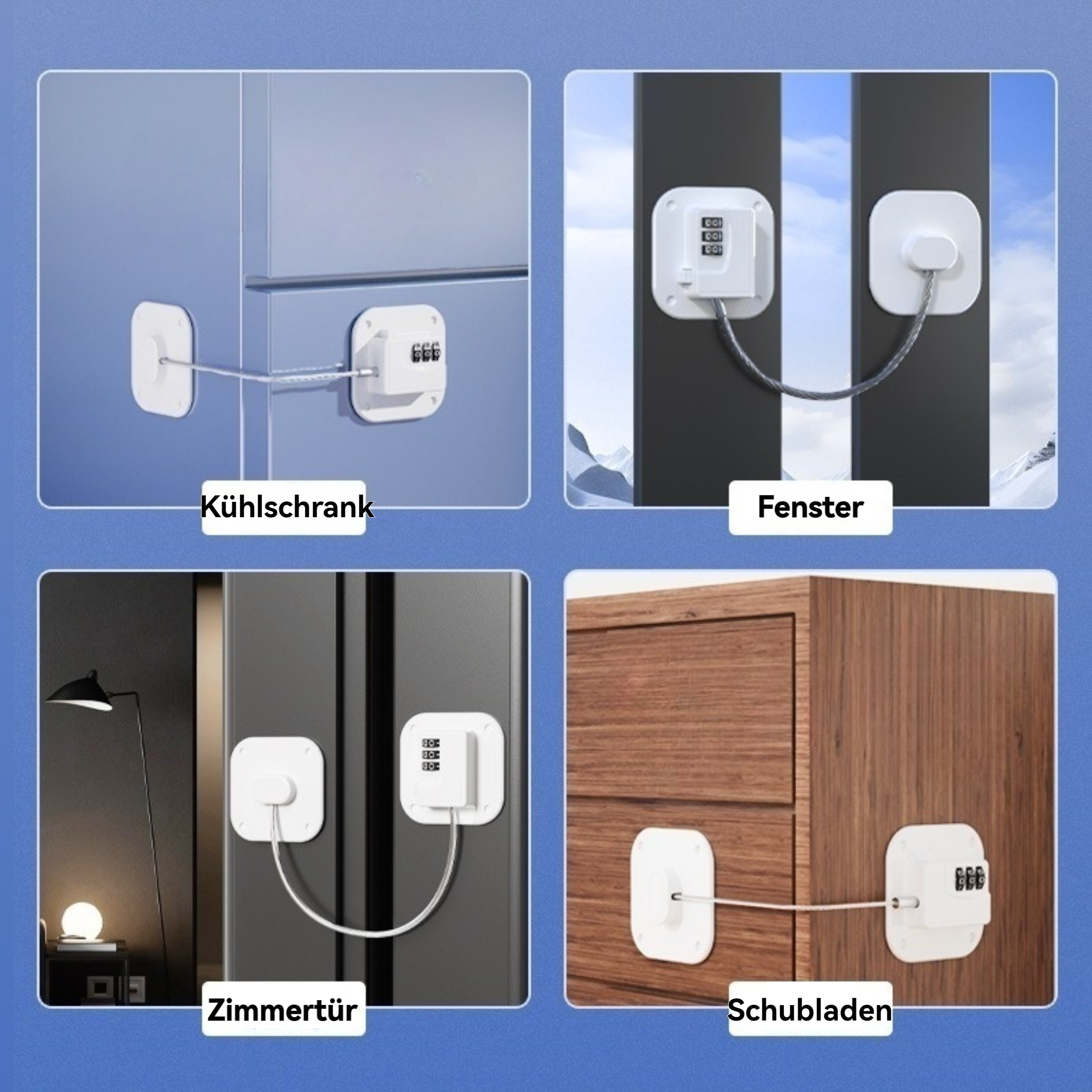 Das Bild zeigt vier Beispiele für Kindersicherungen an einem Kühlschrank, Fenster, Tür und Schublade. Jedes hat ein weißes Schloss und Kabel.