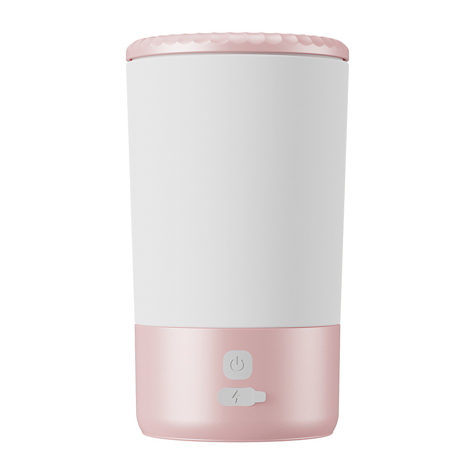 Ein rosa-weißer Eierkocher. Er hat einen rosa Sockel, einen weißen Körper und eine rosa, gewellte Oberseite. Es gibt Strom- und Ladesymbole.