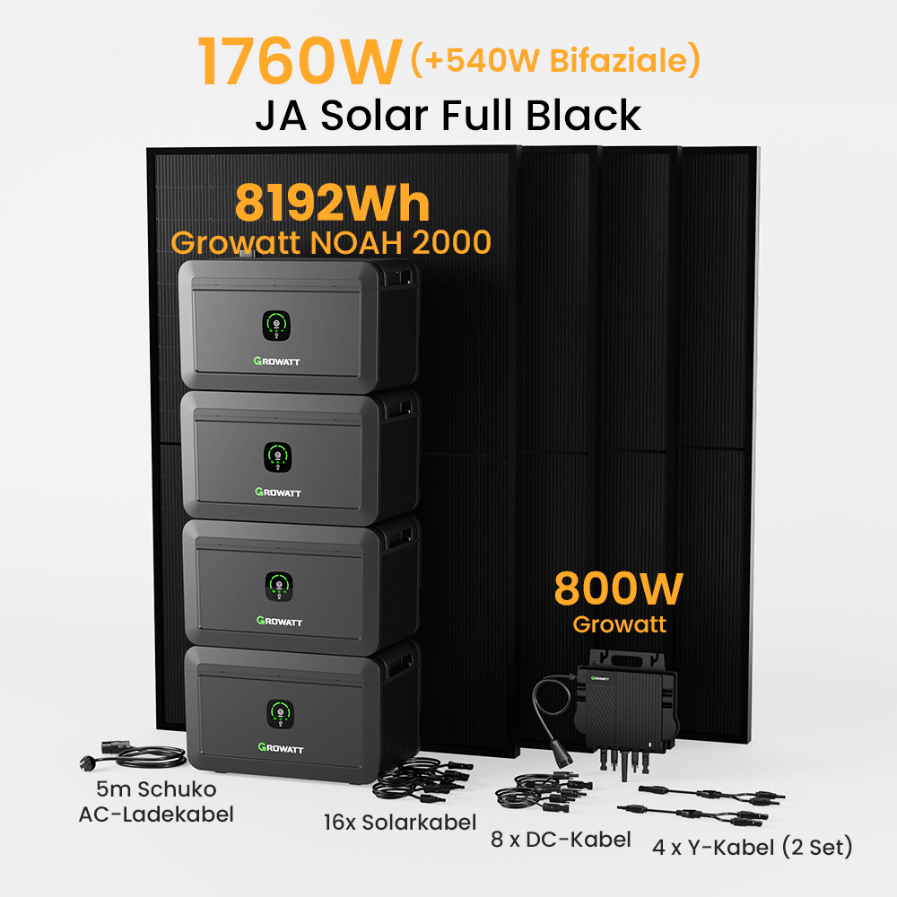 Solarmodulsystem mit schwarzen Paneelen, Wechselrichtern, Kabeln und Textbeschriftungen mit Spezifikationen.