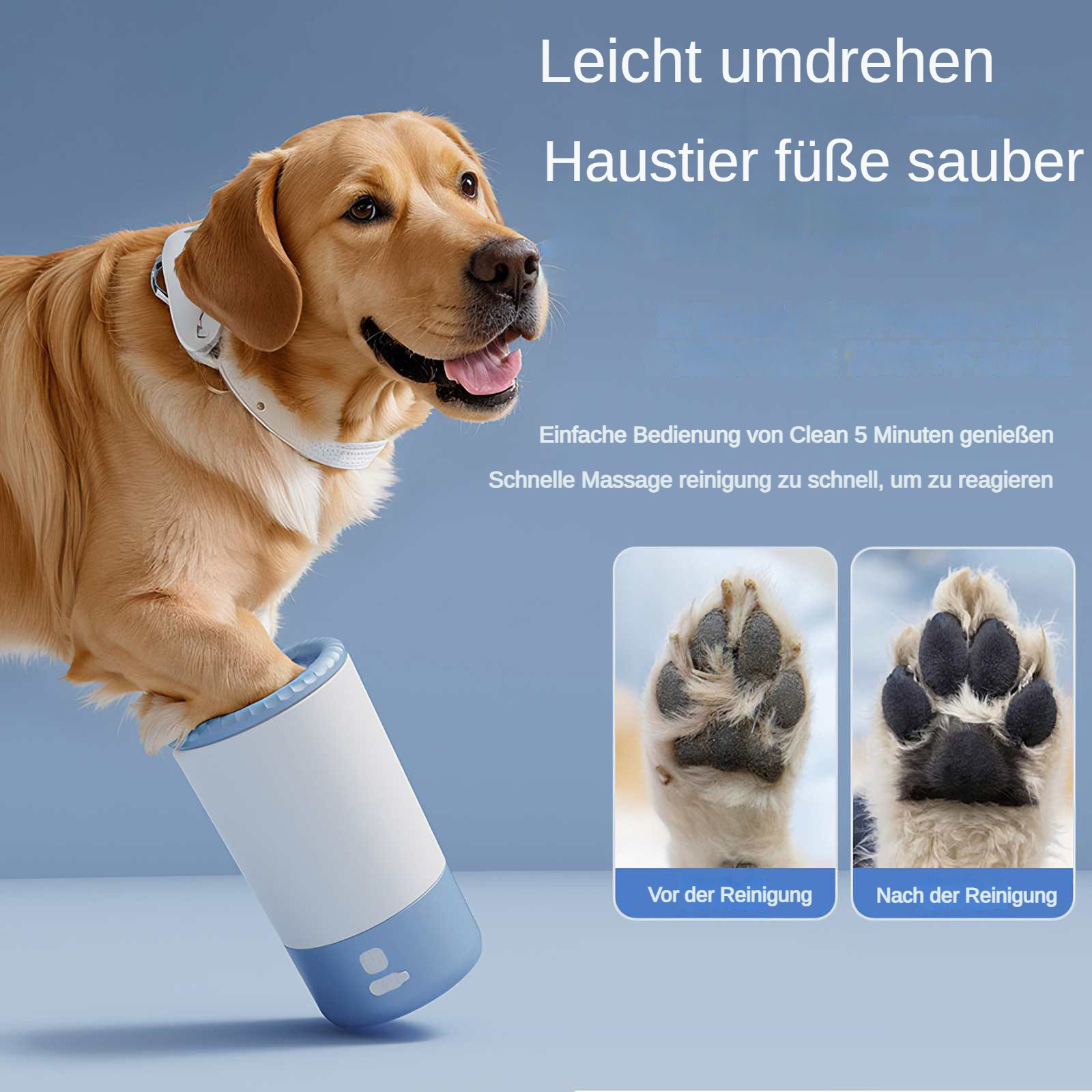 Ein Golden Retriever mit einer Pfote in einem Reinigungsgerät. Text auf Deutsch wirbt für saubere Tierpfoten.