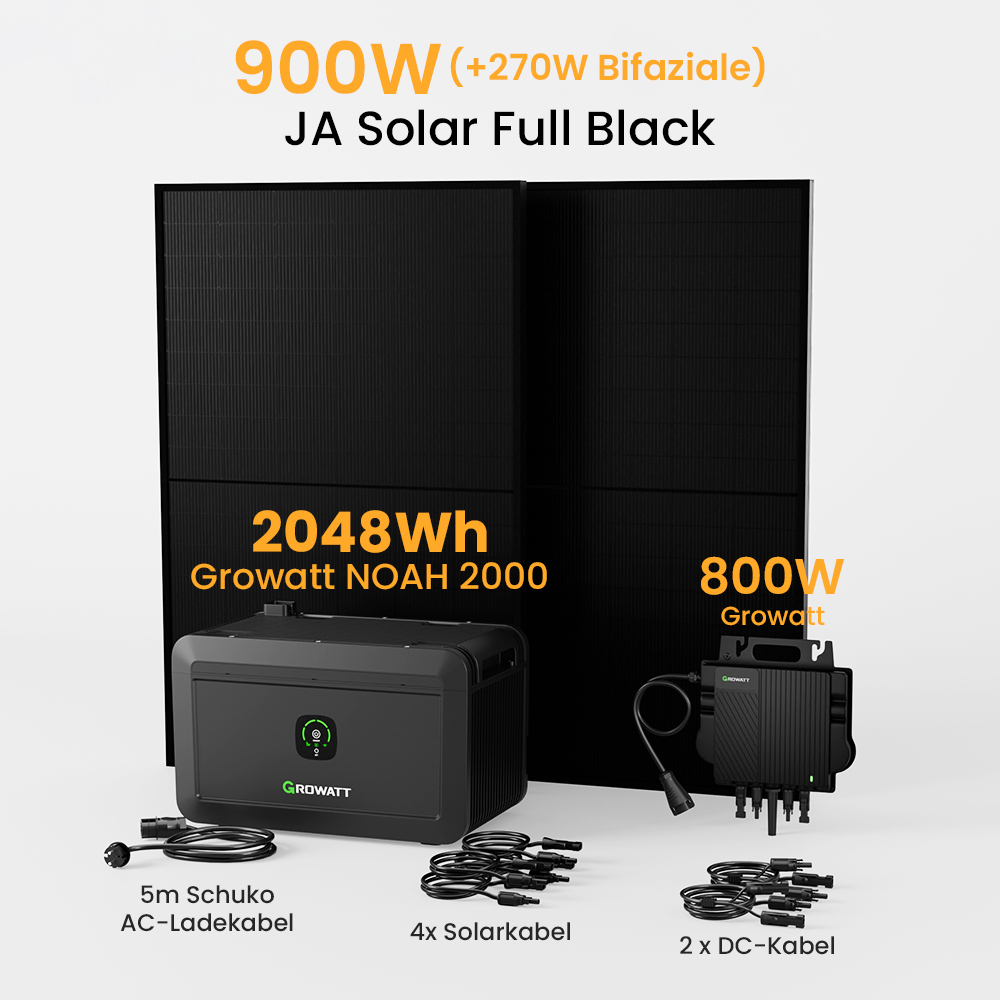 Solarpanel-Setup mit schwarzen Komponenten, darunter Paneele, ein Wechselrichter, Kabel und eine Powerstation mit der Bezeichnung Growatt.