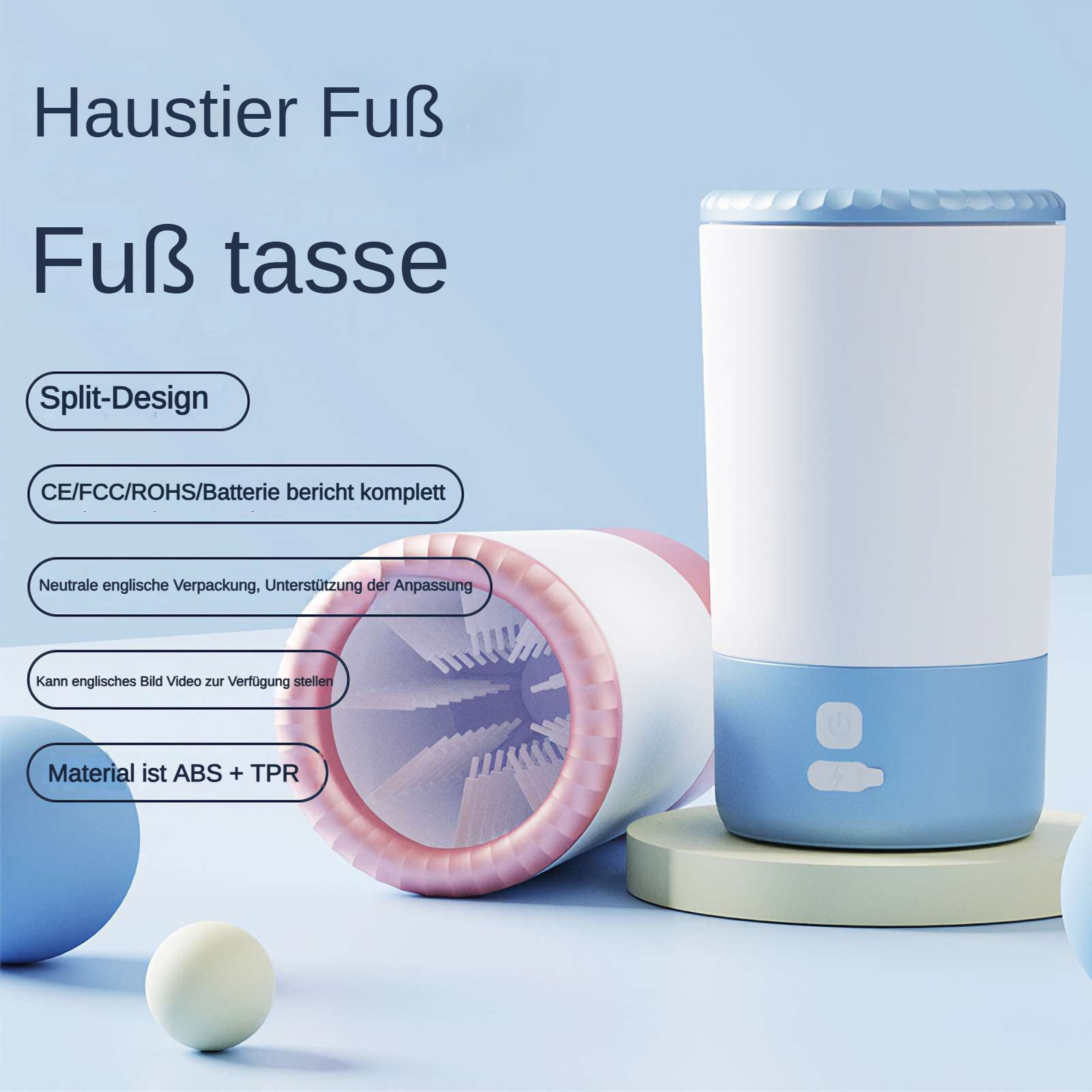 Ein blau-weißes Fußreinigungsgerät für Haustiere. Das Design umfasst ein geteiltes Design und einen Text mit der Aufschrift 'Material ist ABS + TPR'.