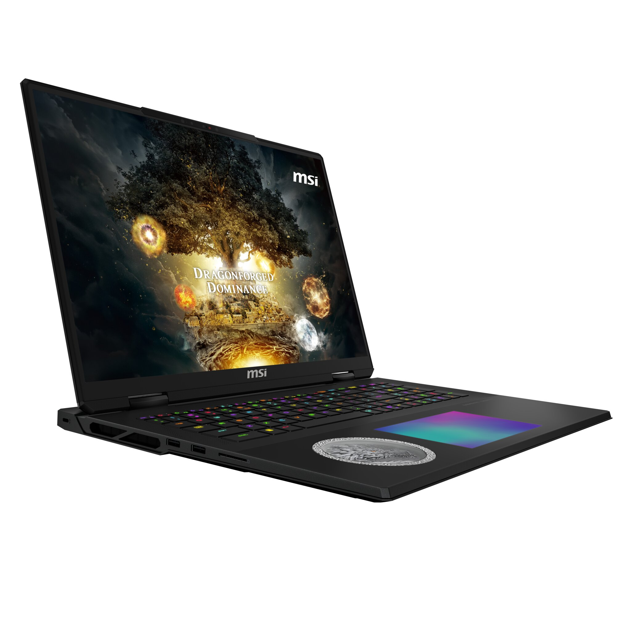 Laptop MSI nero aperto, mostra una scena fantasy sullo schermo. Tastiera illuminata multicolore. Sfondo bianco.