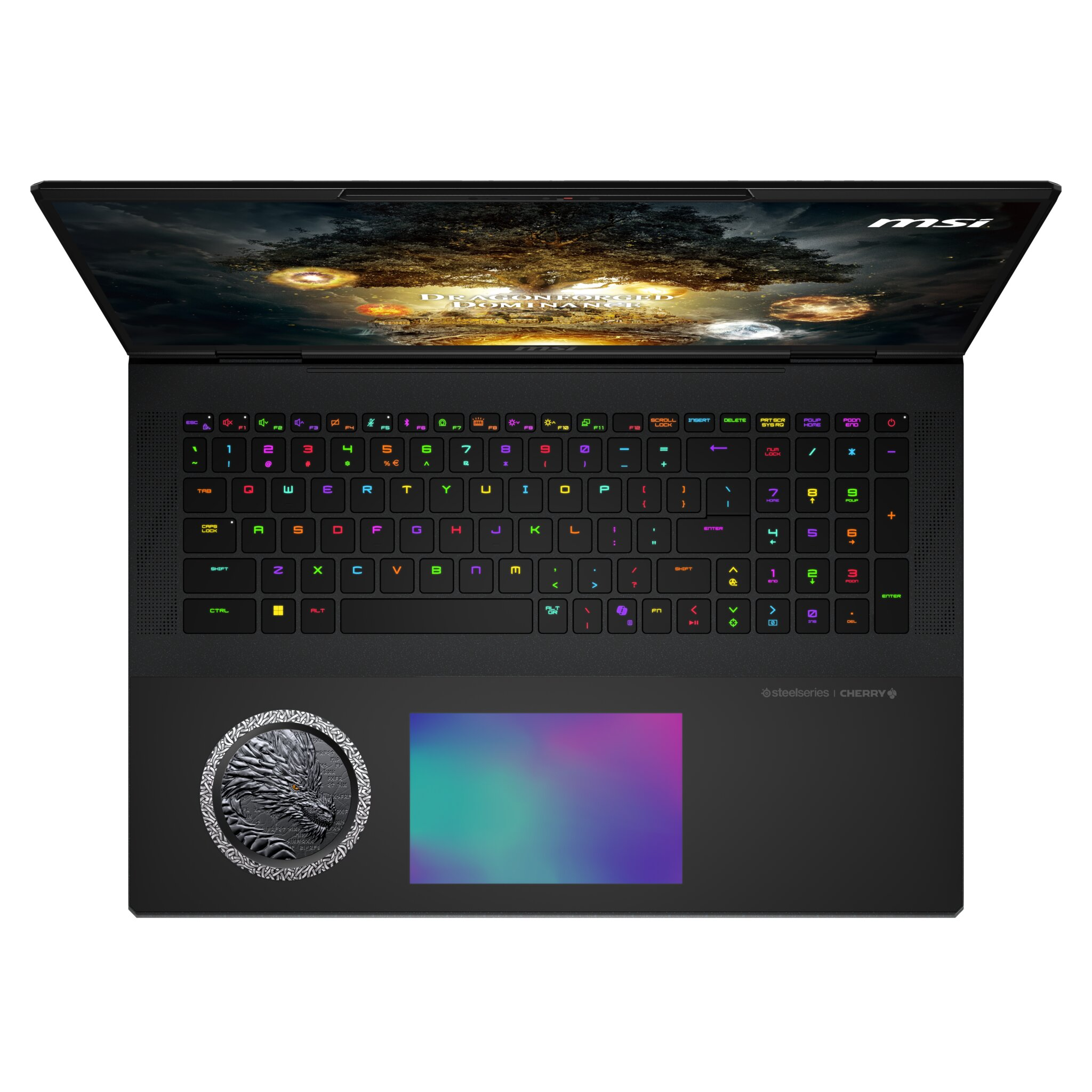 Vista dall'alto di un laptop MSI nero. Lo schermo mostra un paesaggio fantastico. La tastiera ha tasti retroilluminati colorati.