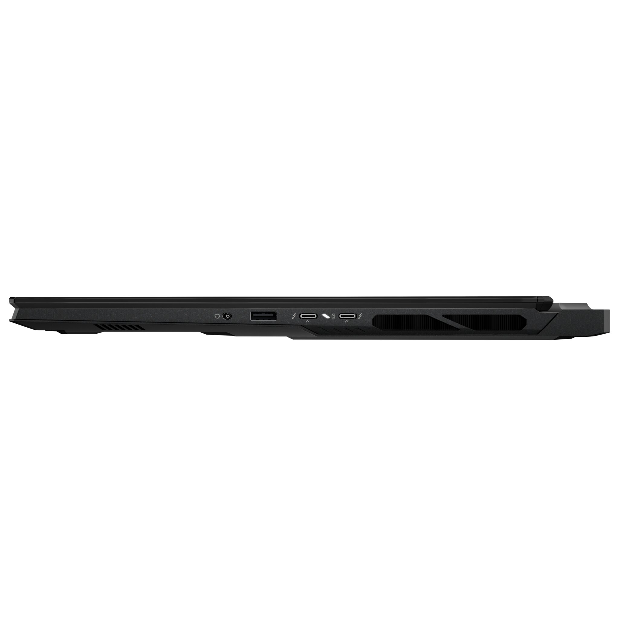 Vista laterale di un laptop nero con porte e prese d'aria visibili. Il laptop è su sfondo bianco.
