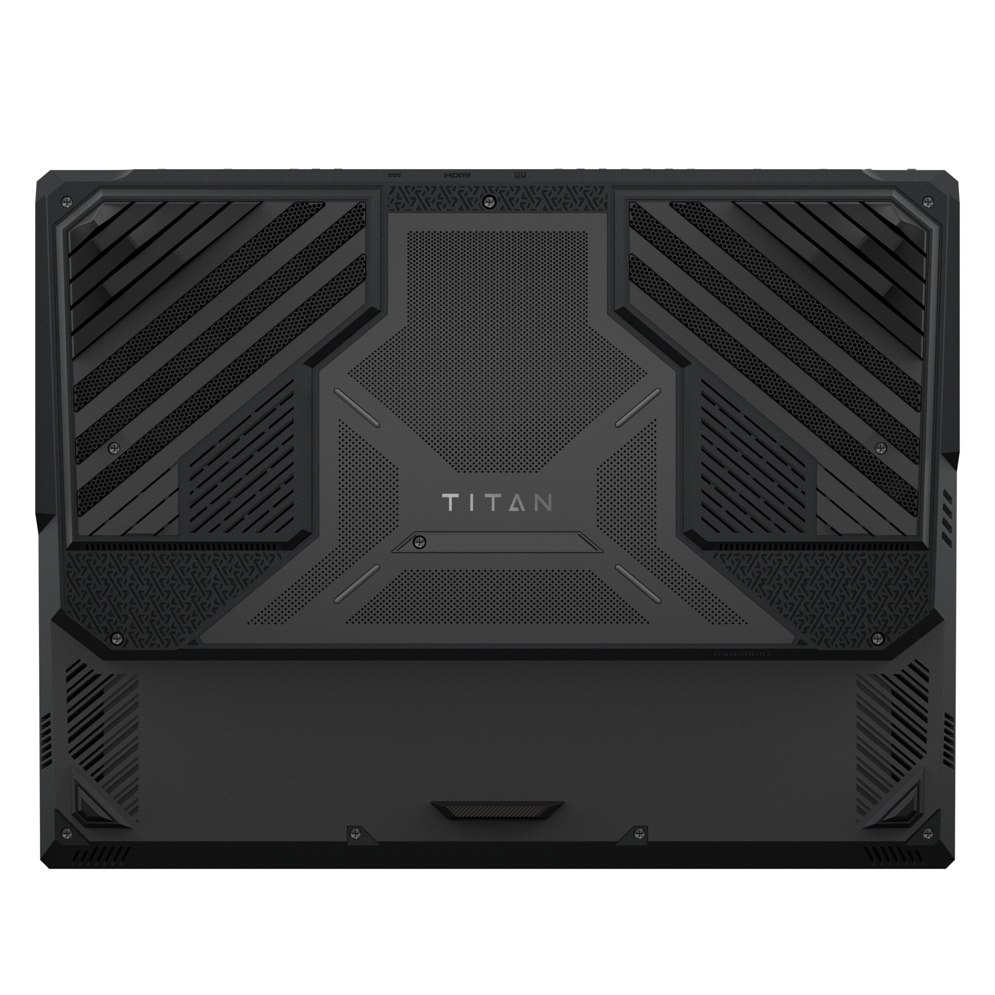 Parte inferiore di un laptop nero con design strutturato. Il nome "TITAN" è visibile. Include prese d'aria e varie porte.